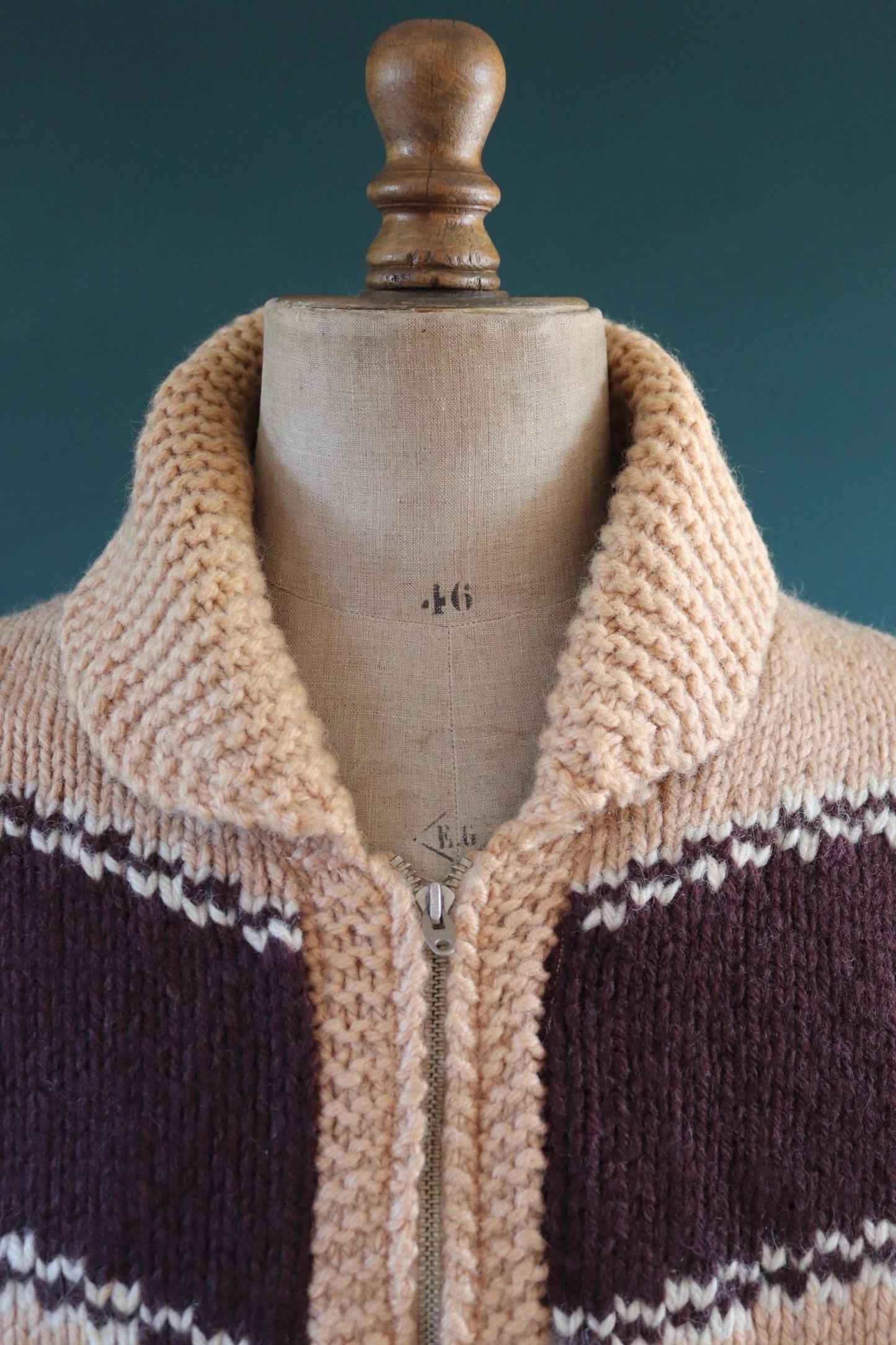 Vintage 1950 50s 1960s 60s chunky knitted wool cowichan sweater cardigan jumper hand made knit shawl collar 48” chest beagle dog hunting