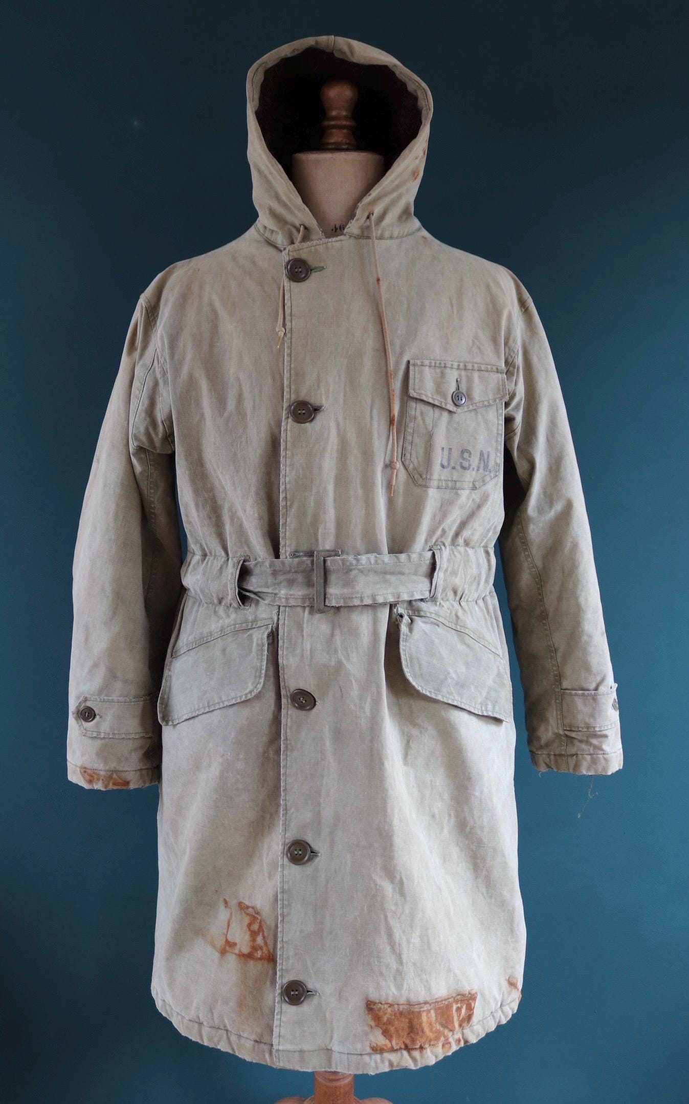 Vintage 1940s 40s WW2 USN US navy naval khaki green military overcoat parka coat jacket foul wet weather 44” chest PT boat torpedo deck