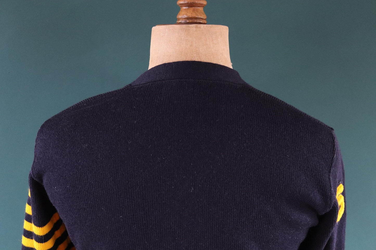 Vintage 1960s wool varsity sweater - blue knitted jumper - Ivy League knitwear - v neck long rib - A chenille patch - 40” chest