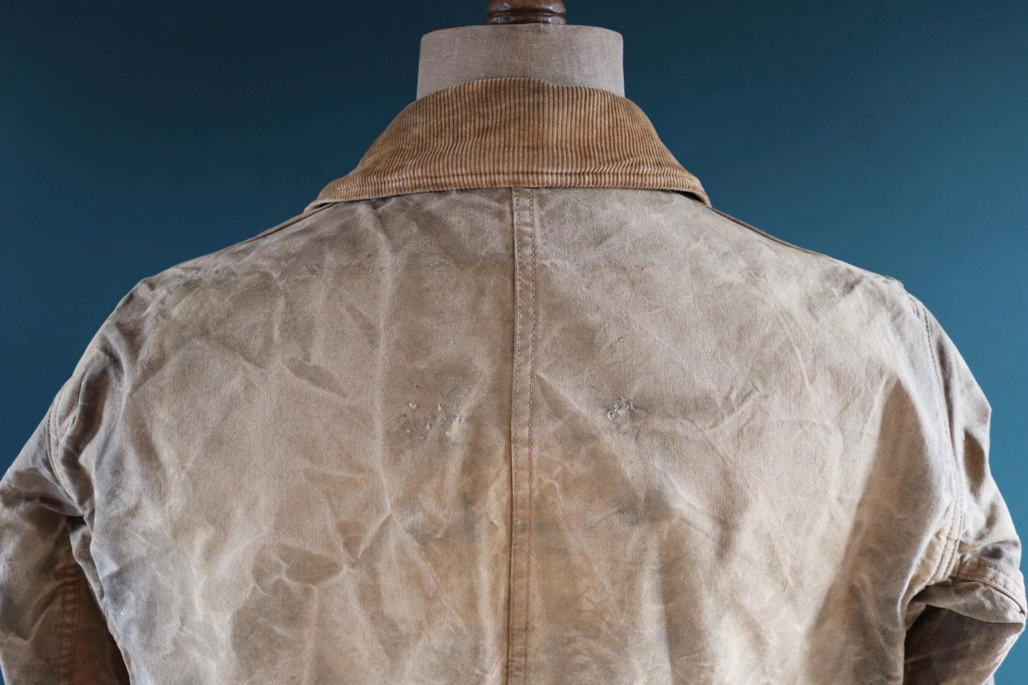 Vintage 1930s 30s 1940s 40s tin cloth duck cotton canvas hunting shooting jacket 47” chest Drybak American workwear work chore distressed