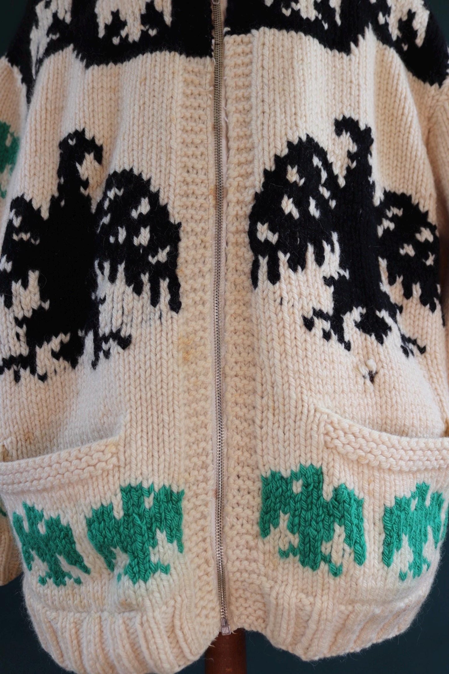 Vintage 1950 50s 1960s 60s chunky knitted wool cowichan sweater cardigan jumper novelty hand made knit thunderbird shawl collar 52” chest