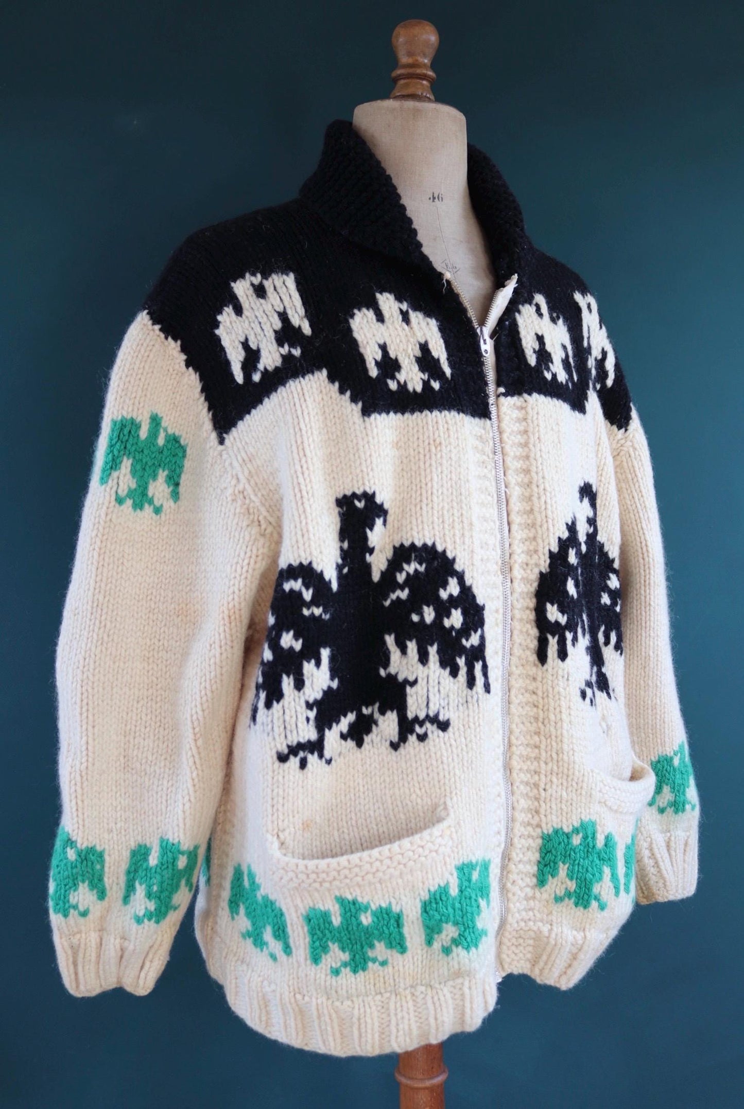 Vintage 1950 50s 1960s 60s chunky knitted wool cowichan sweater cardigan jumper novelty hand made knit thunderbird shawl collar 52” chest