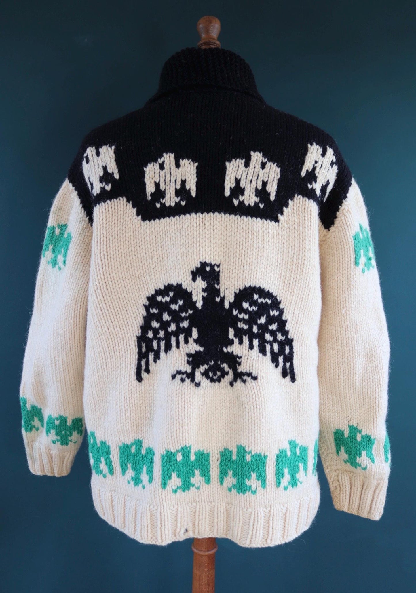 Vintage 1950 50s 1960s 60s chunky knitted wool cowichan sweater cardigan jumper novelty hand made knit thunderbird shawl collar 52” chest