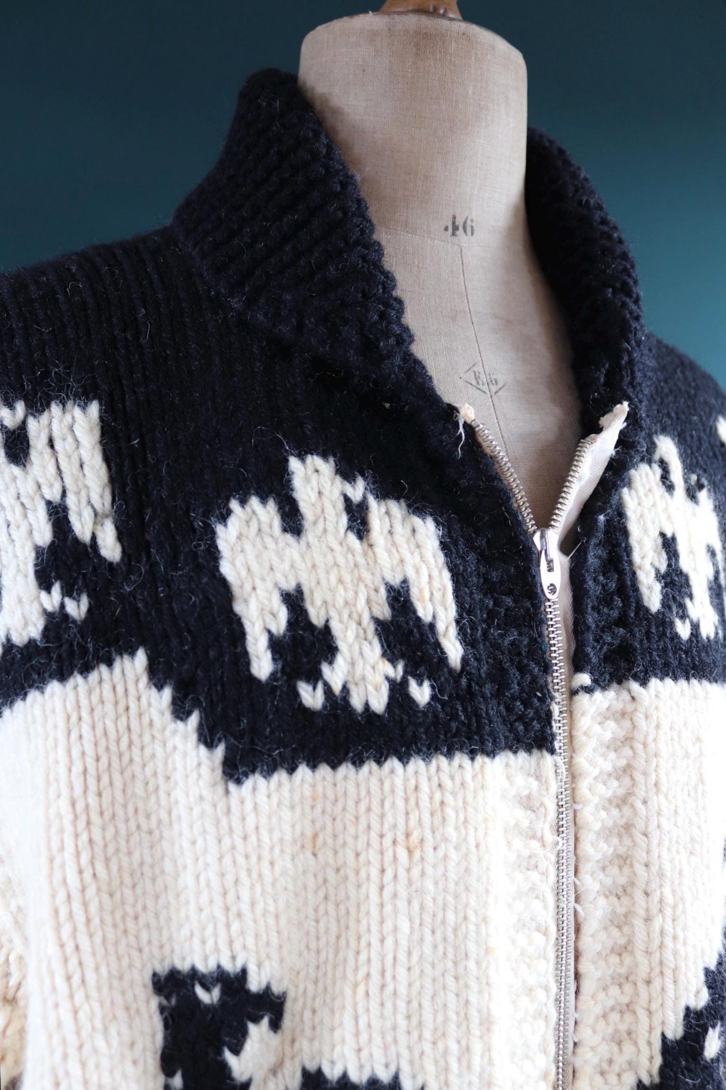 Vintage 1950 50s 1960s 60s chunky knitted wool cowichan sweater cardigan jumper novelty hand made knit thunderbird shawl collar 52” chest
