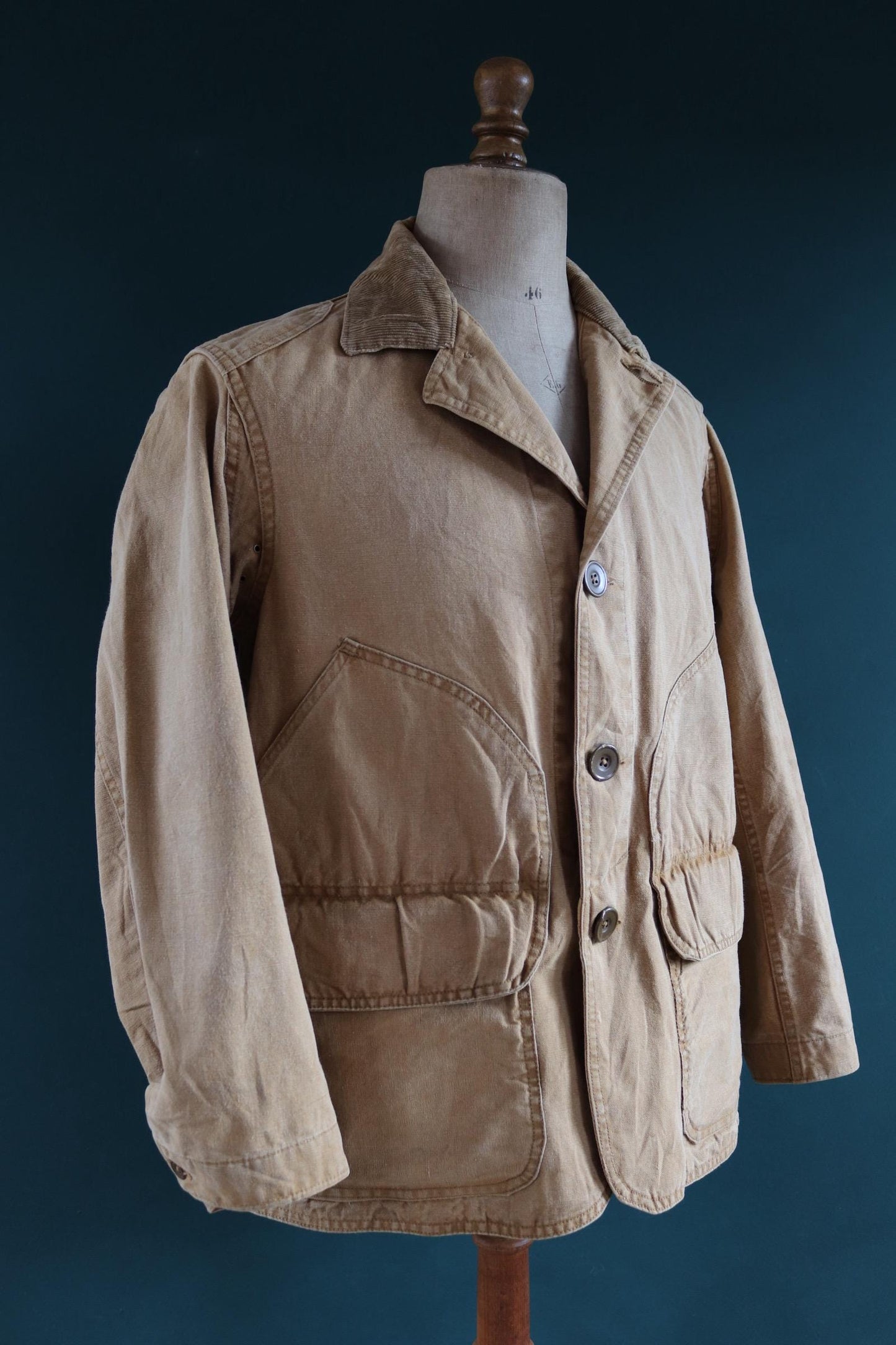 Vintage 1920s 20s 1930s 30s tin cloth duck cotton canvas hunting shooting jacket 46” chest Hettrick American workwear work chore