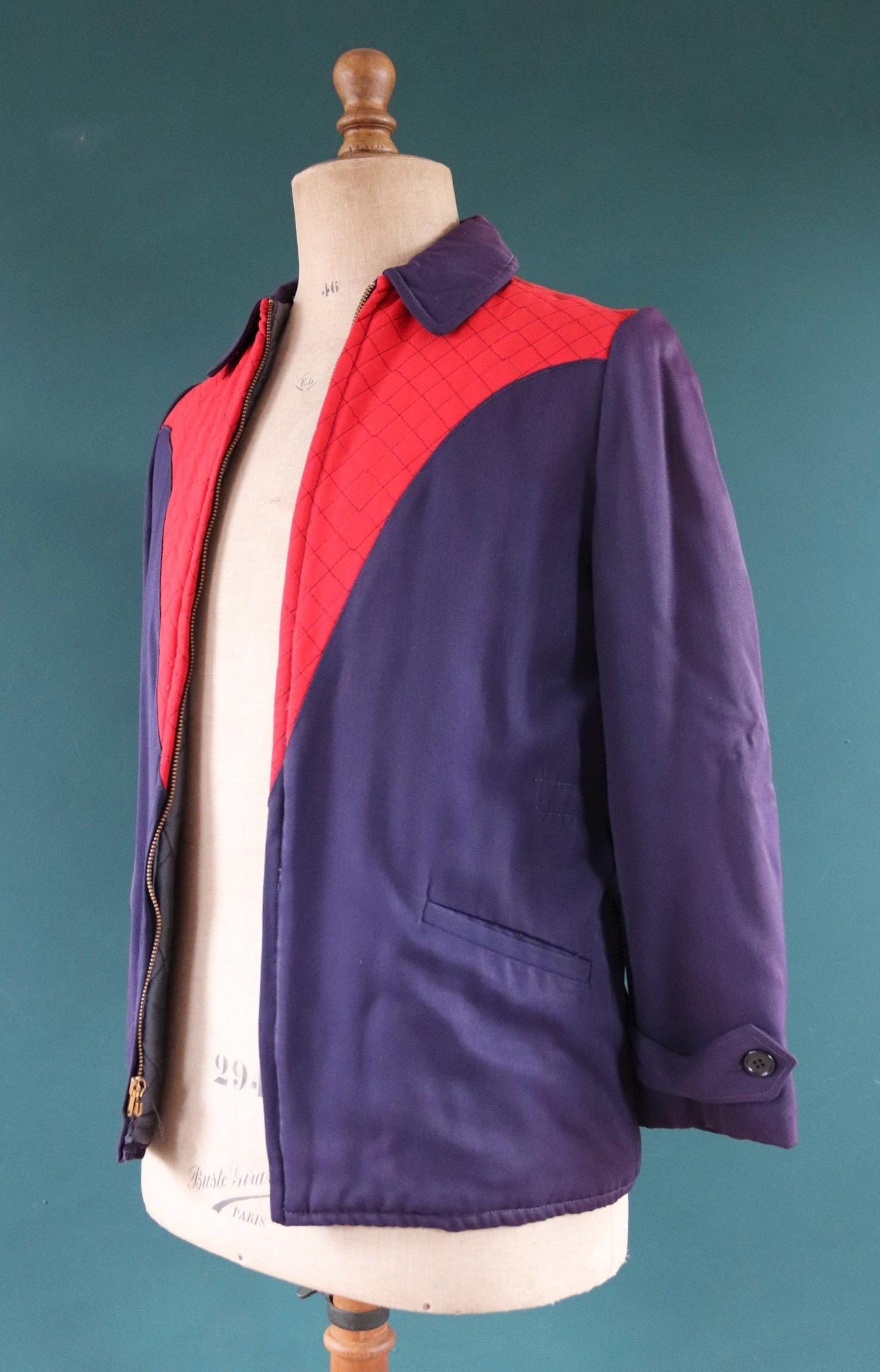 Vintage gabardine jacket 1950s Sleigh Bell red blue quilted rayon ricky ski Talon zip up 38" chest rockabilly mid century