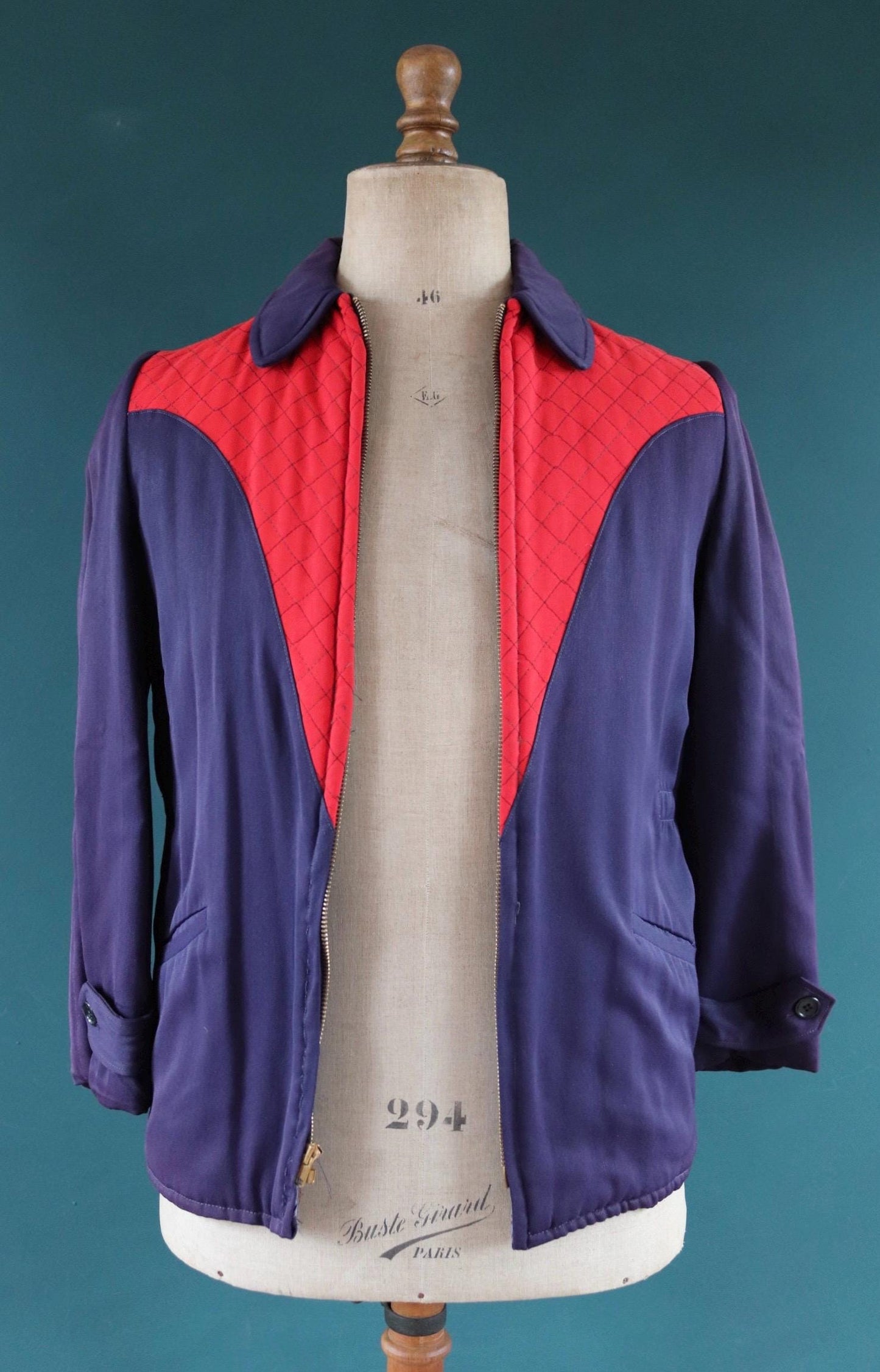 Vintage gabardine jacket 1950s Sleigh Bell red blue quilted rayon ricky ski Talon zip up 38" chest rockabilly mid century