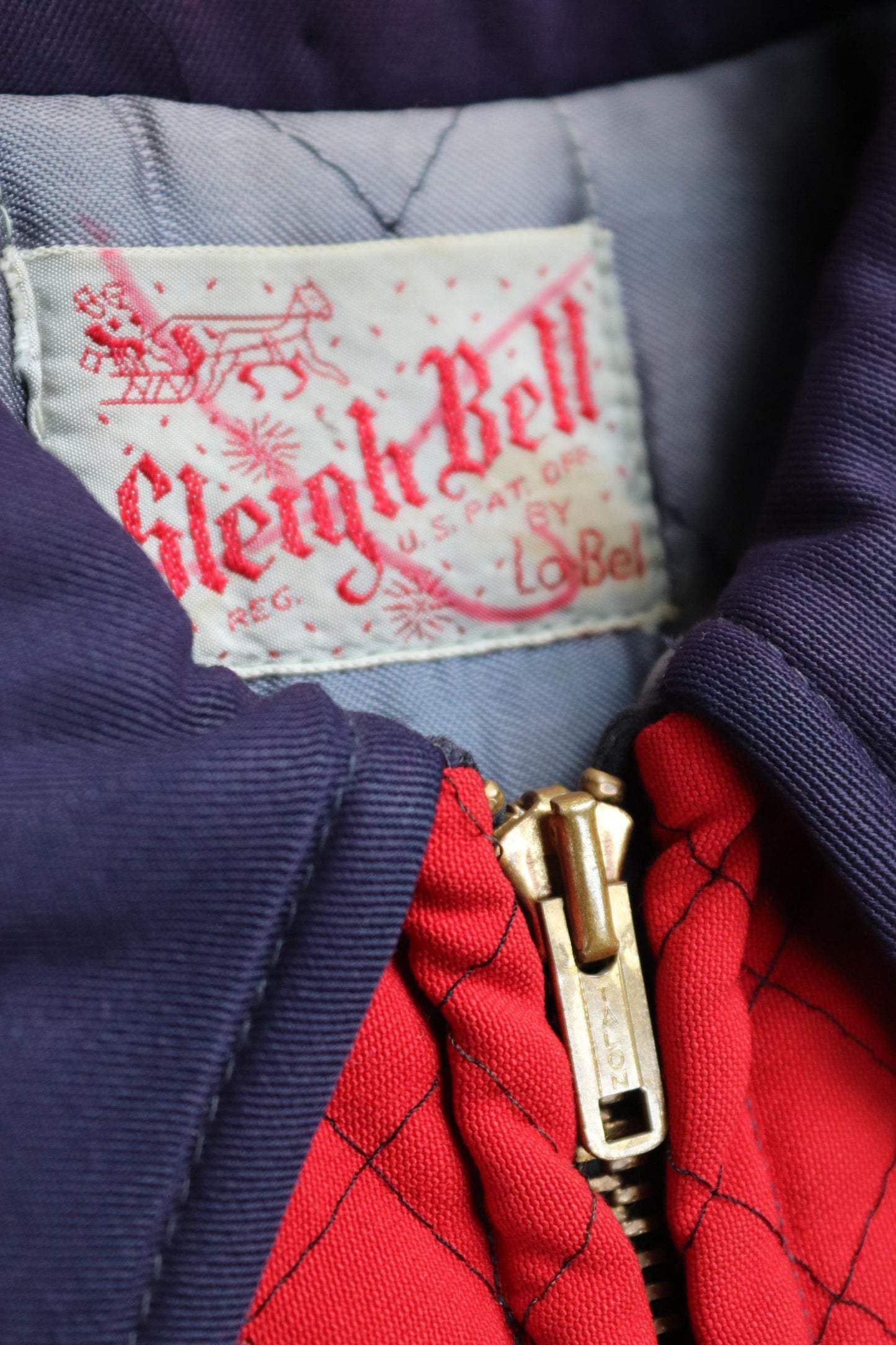 Vintage gabardine jacket 1950s Sleigh Bell red blue quilted rayon ricky ski Talon zip up 38" chest rockabilly mid century