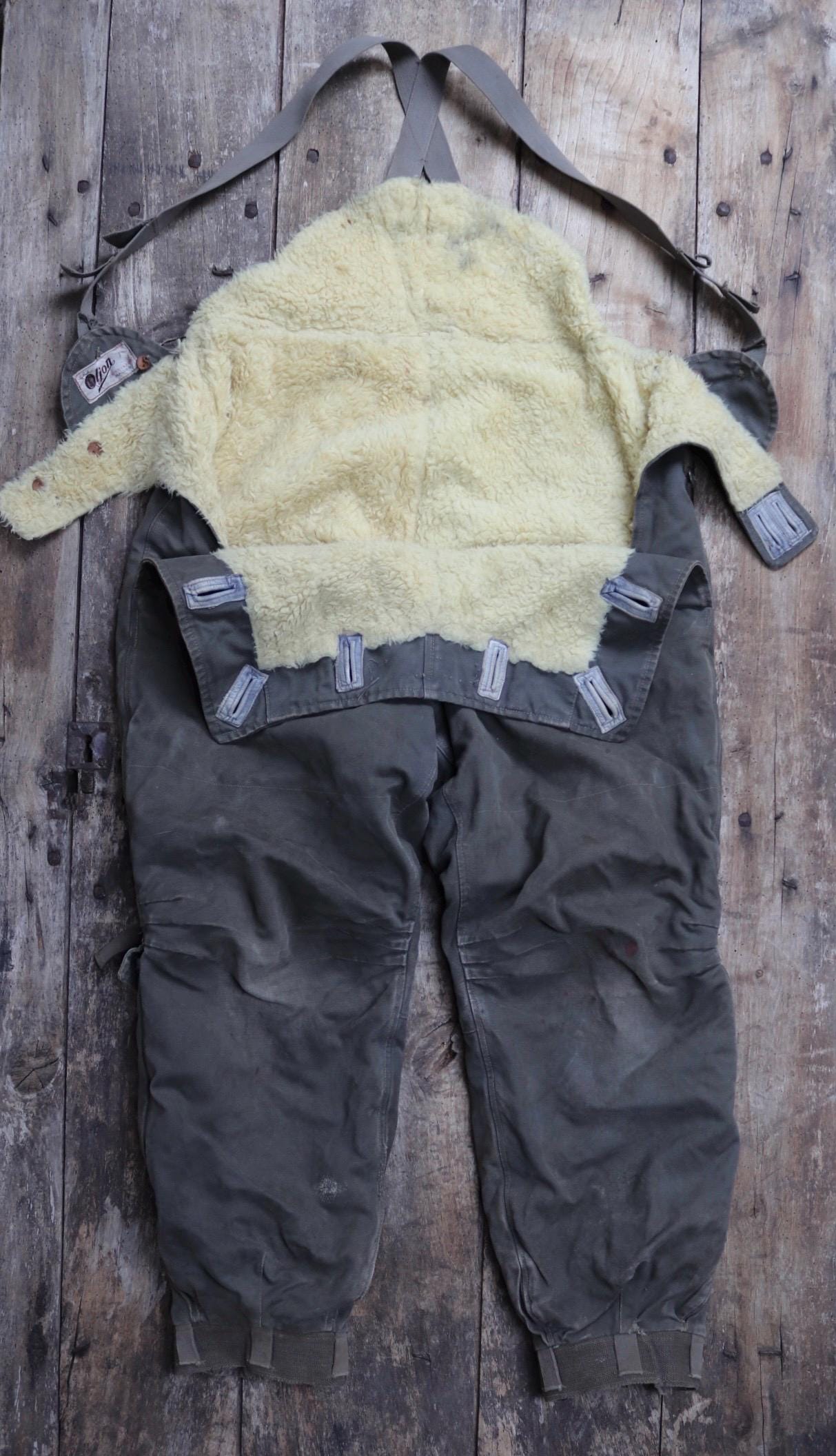 Vintage 1950s 50s Swedish army Oljon green cotton canvas insulated pile military motorcycle tank overalls dungarees workwear work 35” x 30”