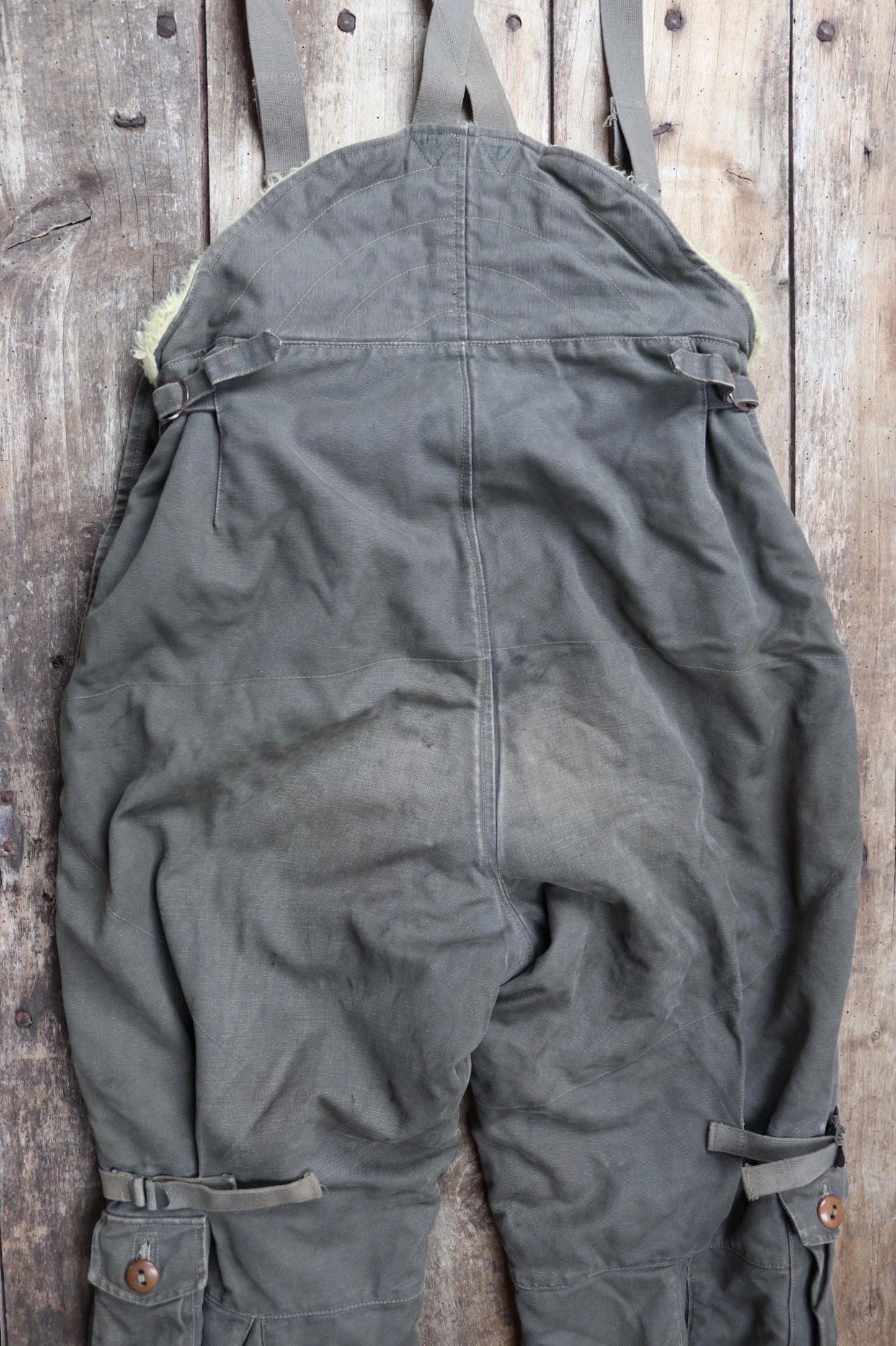 Vintage 1950s 50s Swedish army Oljon green cotton canvas insulated pile military motorcycle tank overalls dungarees workwear work 35” x 30”