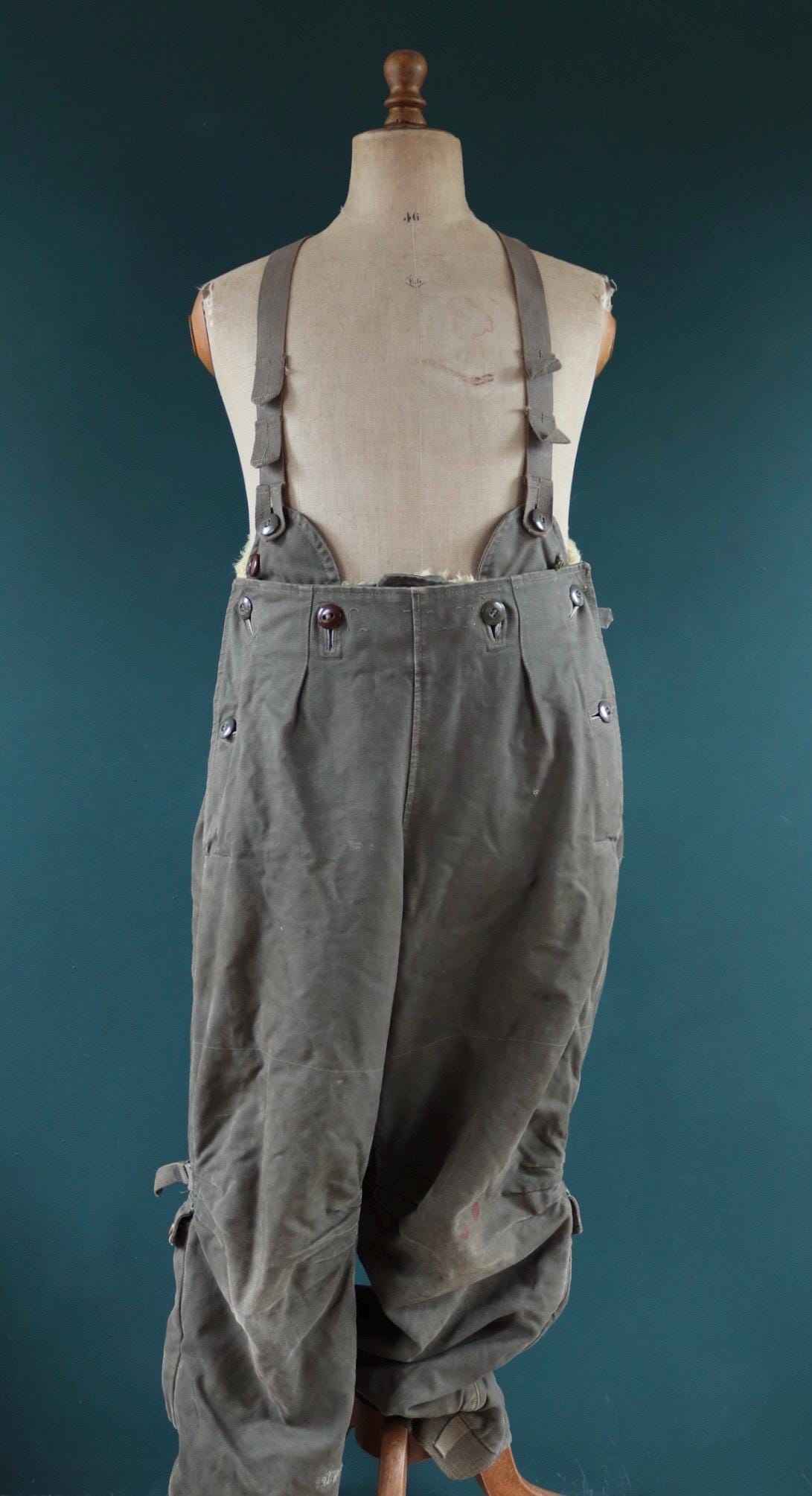 Vintage 1950s 50s Swedish army Oljon green cotton canvas insulated pile military motorcycle tank overalls dungarees workwear work 35” x 30”