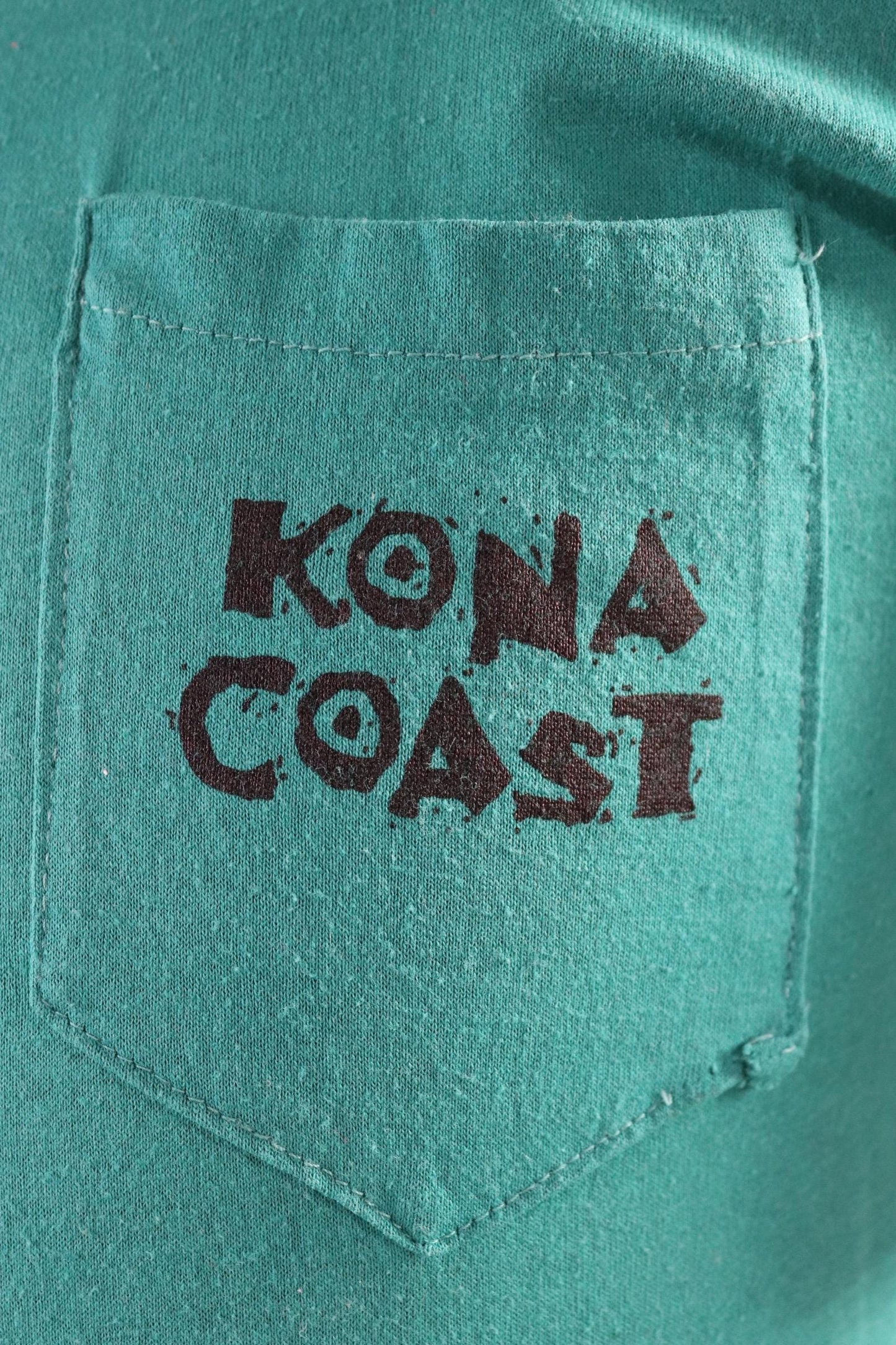 Vintage 1980s 80s 1990s 90s teal green Kona Coast surf palm tree print sports sportswear pocket t shirt 38” chest