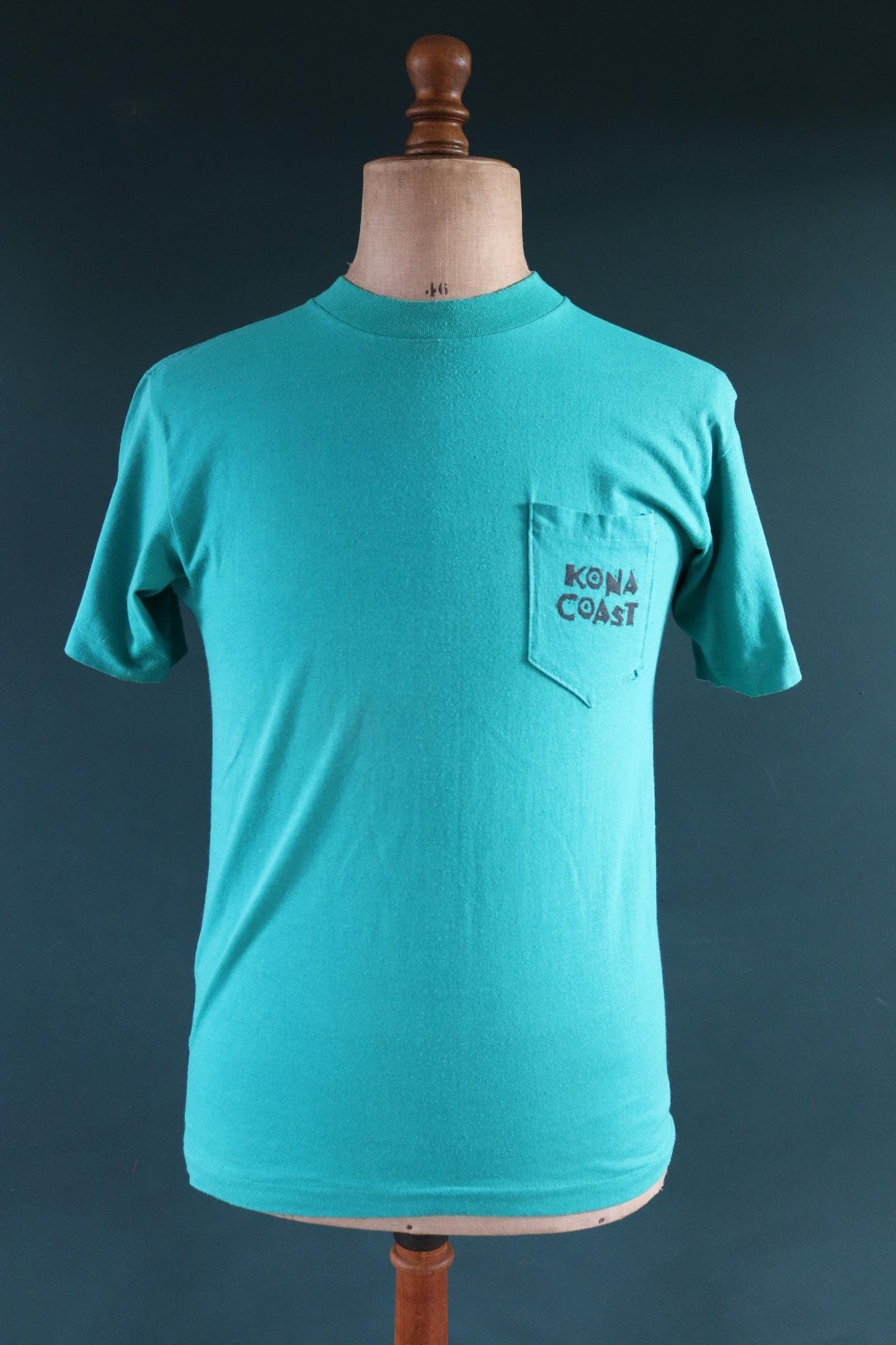 Vintage 1980s 80s 1990s 90s teal green Kona Coast surf palm tree print sports sportswear pocket t shirt 38” chest