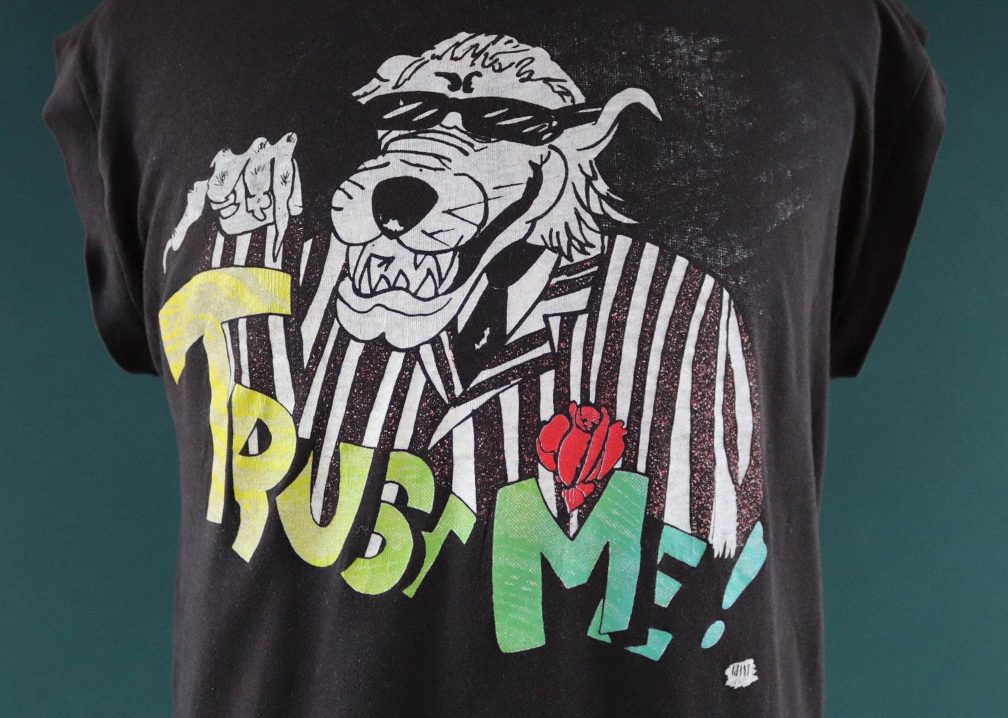Vintage 1980s 80s 1990s 90s Giant faded black Trust Me wolf print poly cotton singlet vest sports sportswear t shirt 41” chest