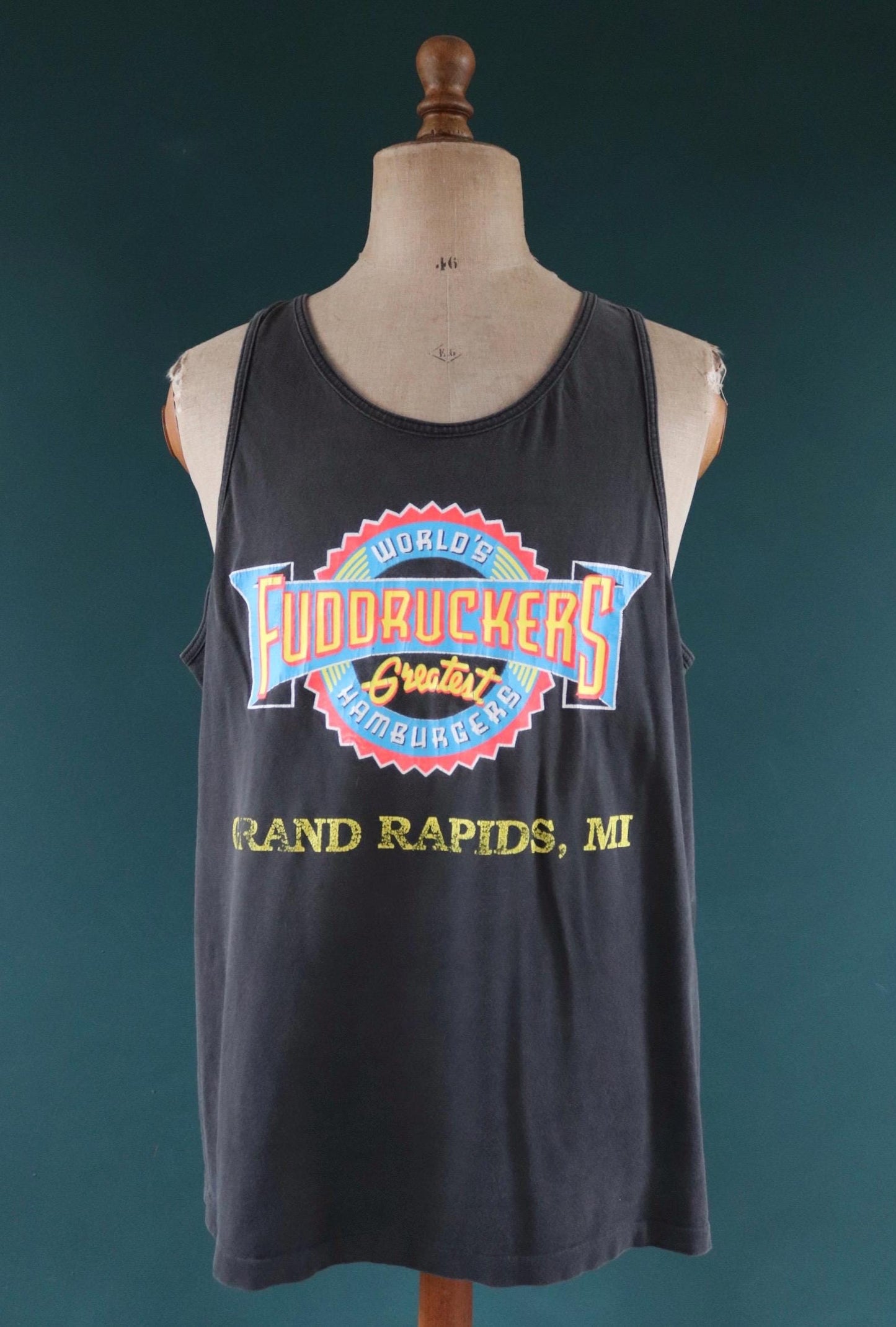 Vintage 1990s t shirt - faded black vest - Fuddruckers hamburgers - neon print - cotton singlet - sportswear - 46” chest