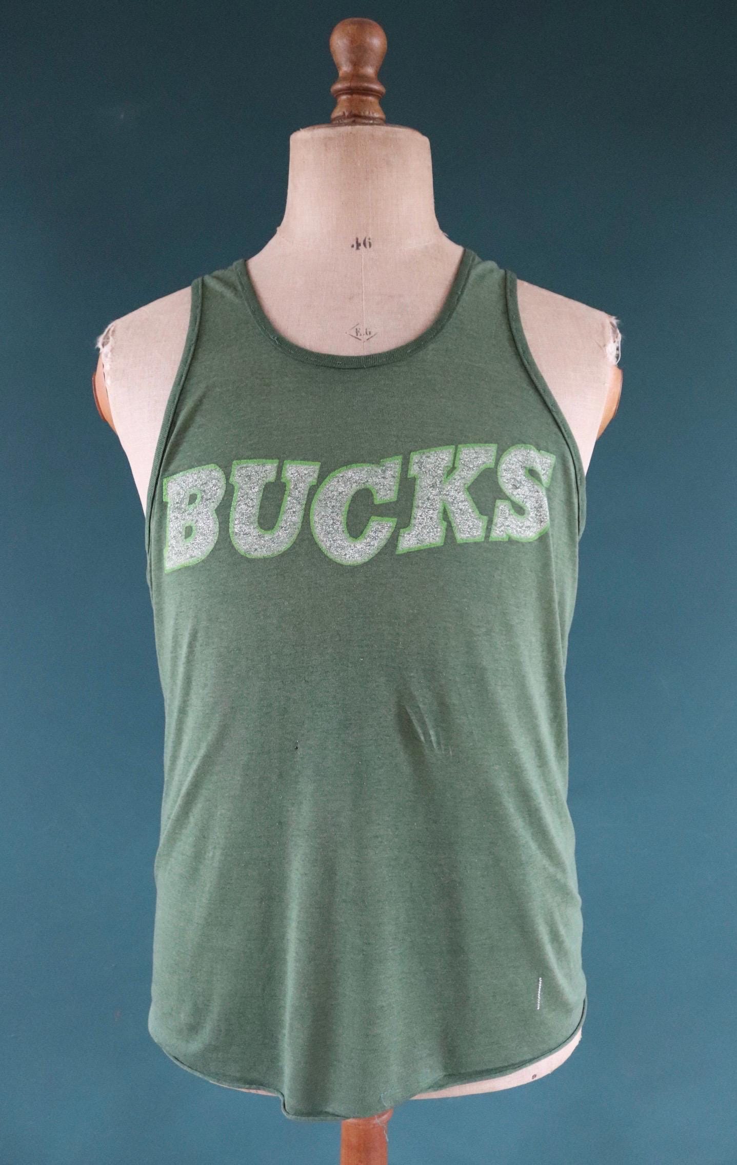 Vintage 1980s 80s green Bucks print cotton singlet vest sports sportswear t shirt 39” chest