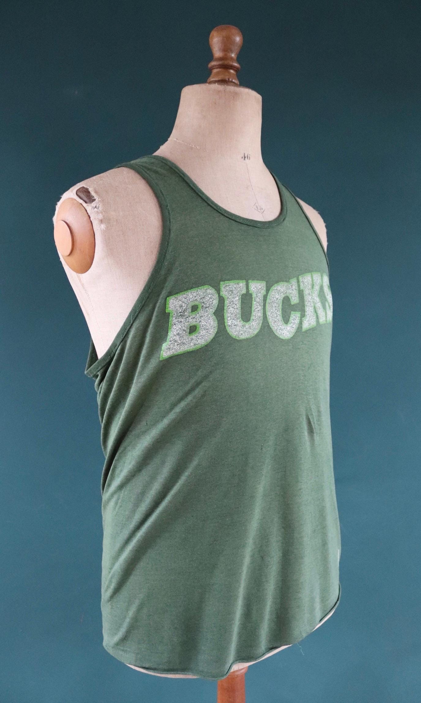 Vintage 1980s 80s green Bucks print cotton singlet vest sports sportswear t shirt 39” chest