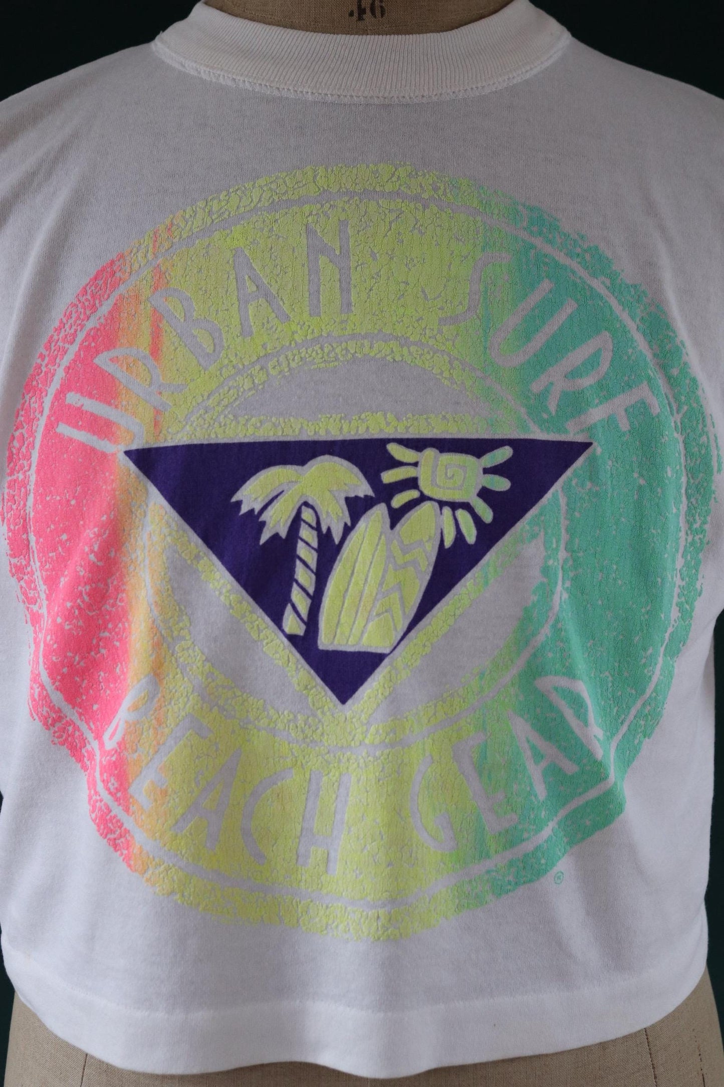 Vintage 1980s 90s cropped t shirt - white neon - urban beach souvenir - surf sportswear - 43” chest