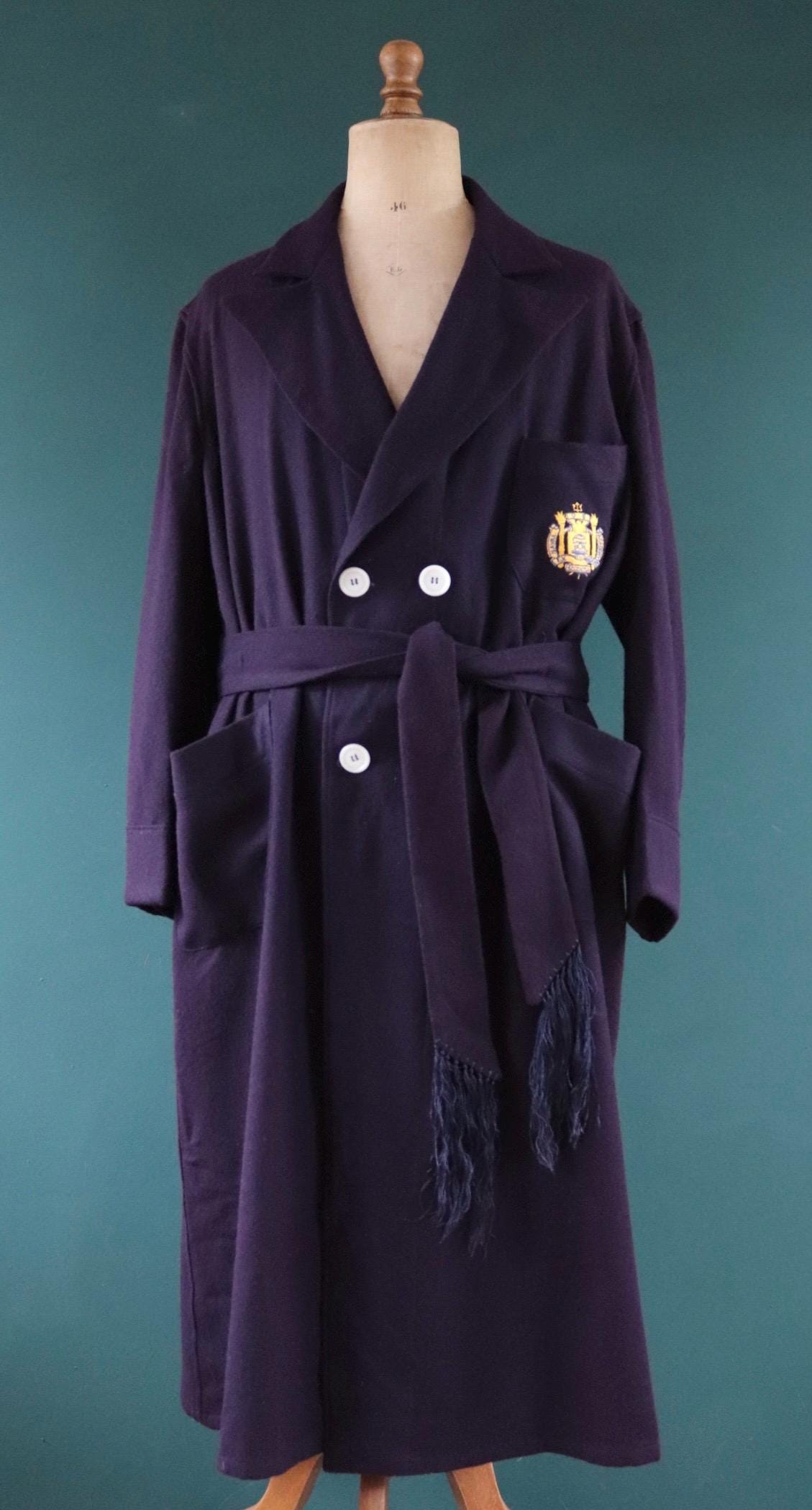 Vintage 1950s 50s 1960s 60s USN US naval navy blue academy wool blend dressing gown robe tassel belted smoking jacket 52” chest