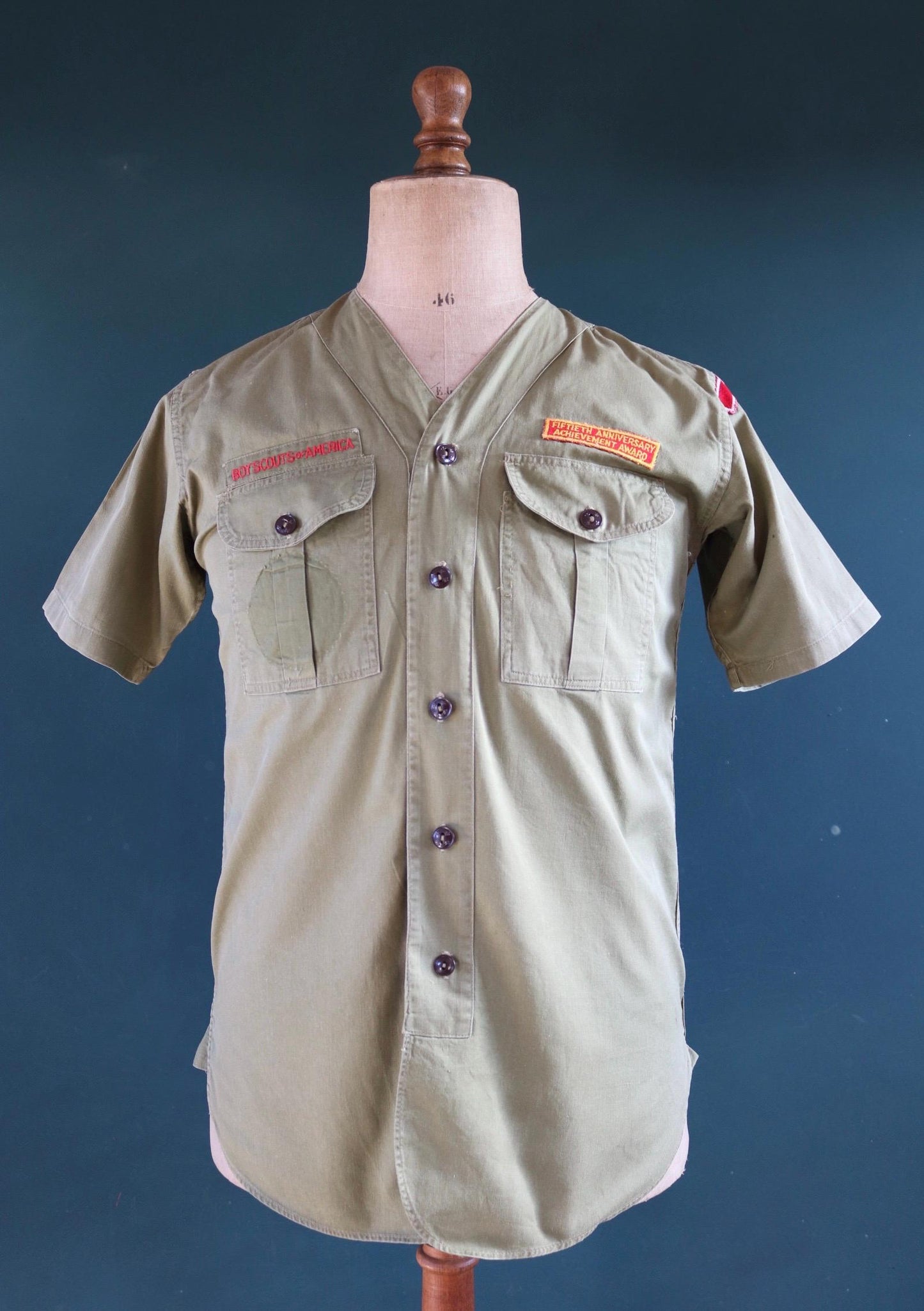 Vintage 1950s 1960s BSA shirt khaki green cotton Boy Scouts of America summer camp camping 40" chest patches