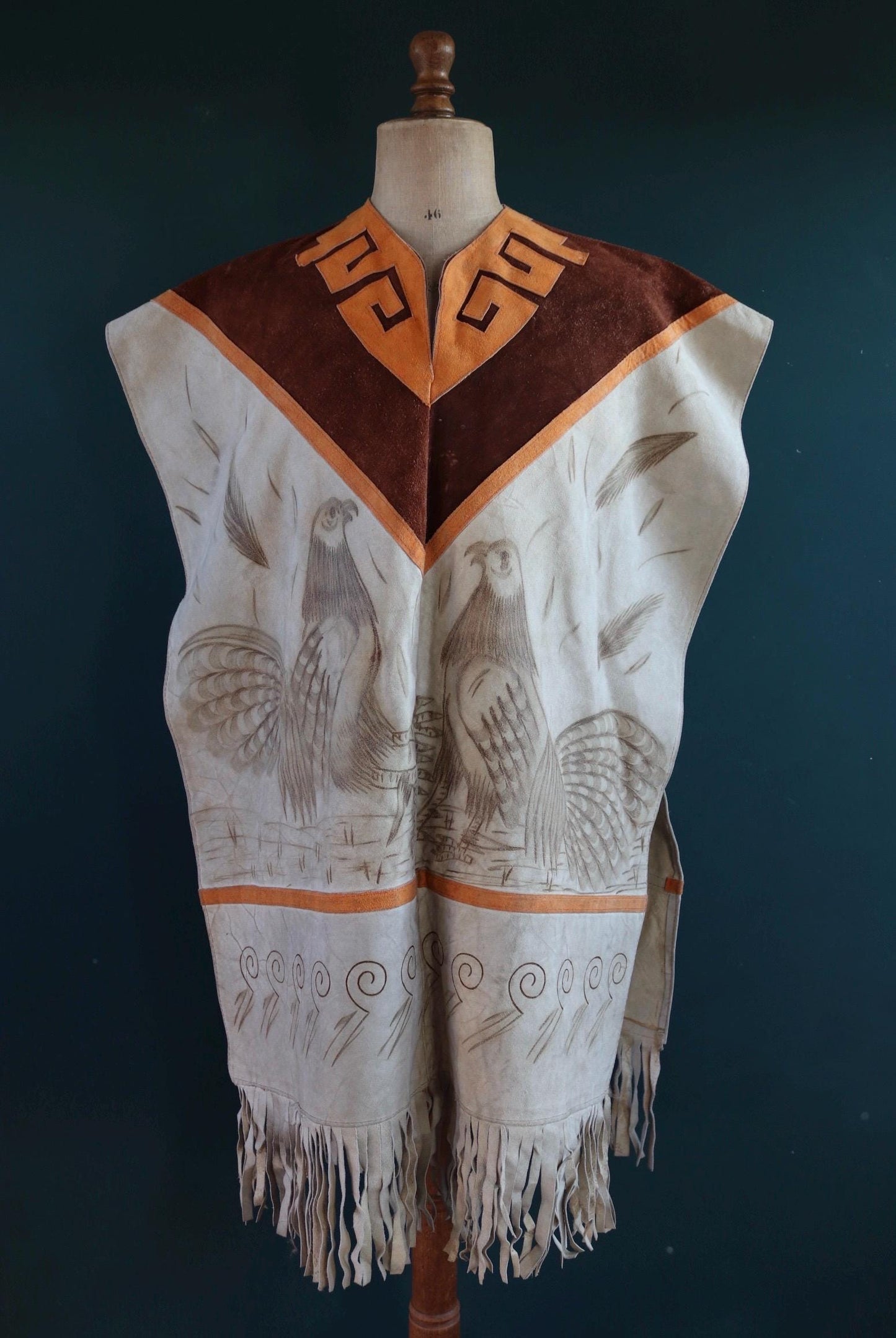 Vintage 1960s 1970s suede poncho orange brown tasseled cow hide vest waistcoat South Western souvenir biker tabard gilet decorated