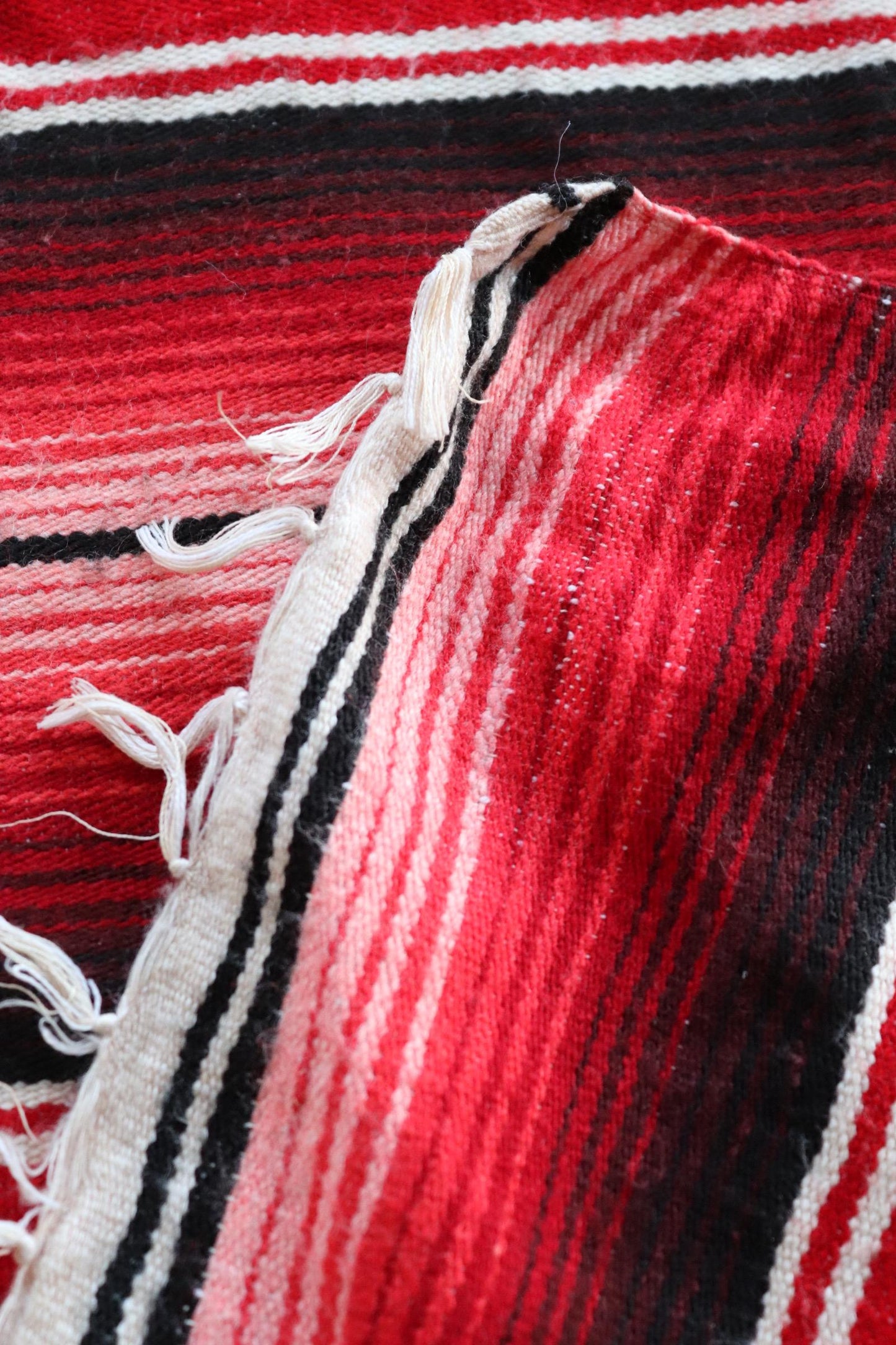 Vintage red white black Mexican South Western woven falsa blanket rug picnic camping sofa wall hanging 79" x 59" car van