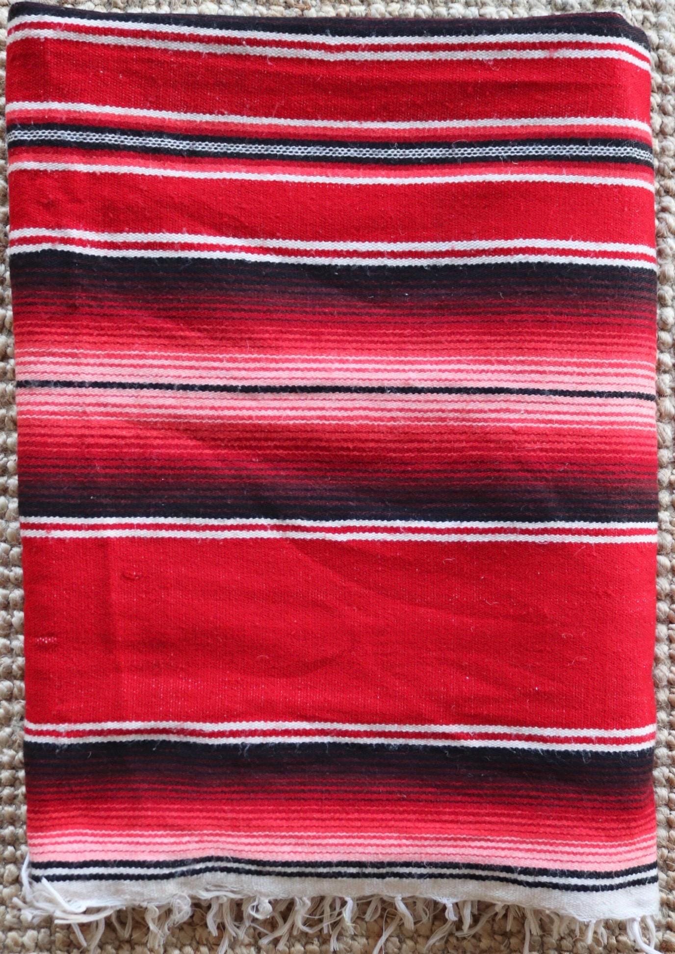 Vintage red white black Mexican South Western woven falsa blanket rug picnic camping sofa wall hanging 79" x 59" car van