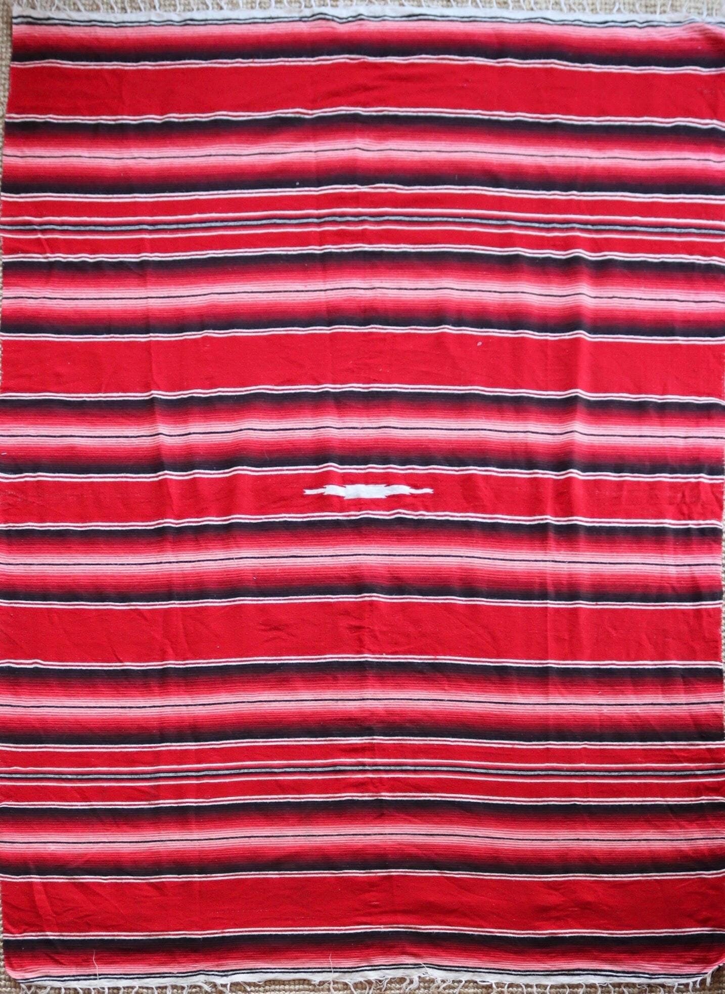 Vintage red white black Mexican South Western woven falsa blanket rug picnic camping sofa wall hanging 79" x 59" car van