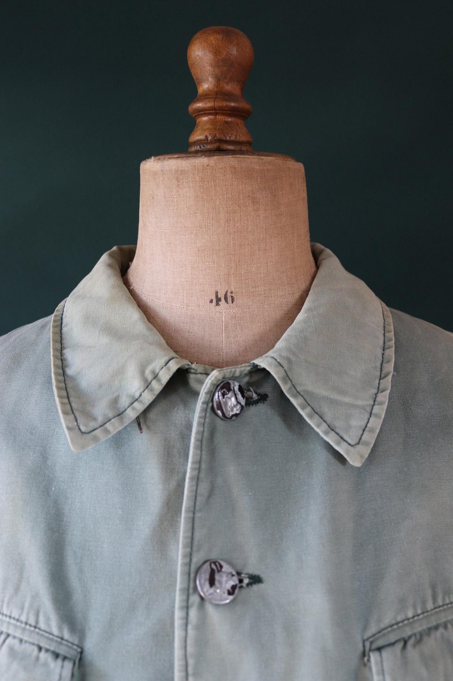 Vintage French workwear jacket - 1950s cotton canvas hunting - venery scene buttons - 50” chest