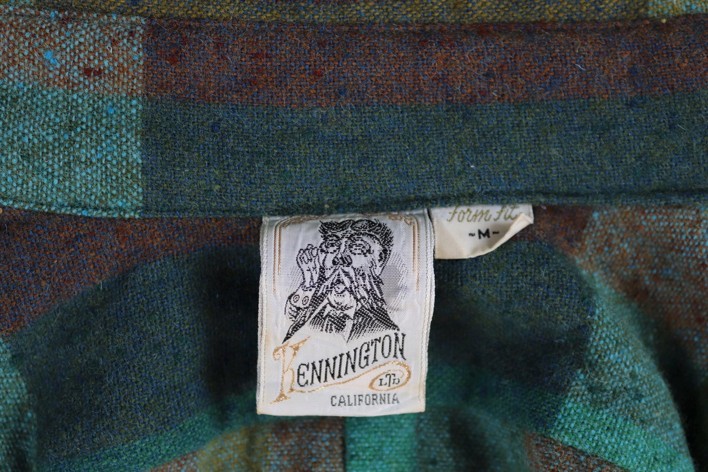 Vintage 1970s 70s Kennington California nubby windowpane checked short sleeve button down collar shirt green teal blue 44" chest Ivy style