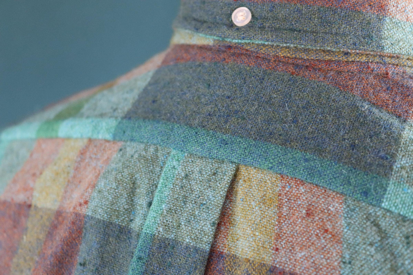 Vintage 1970s 70s Kennington California nubby windowpane checked short sleeve button down collar shirt green teal blue 44" chest Ivy style