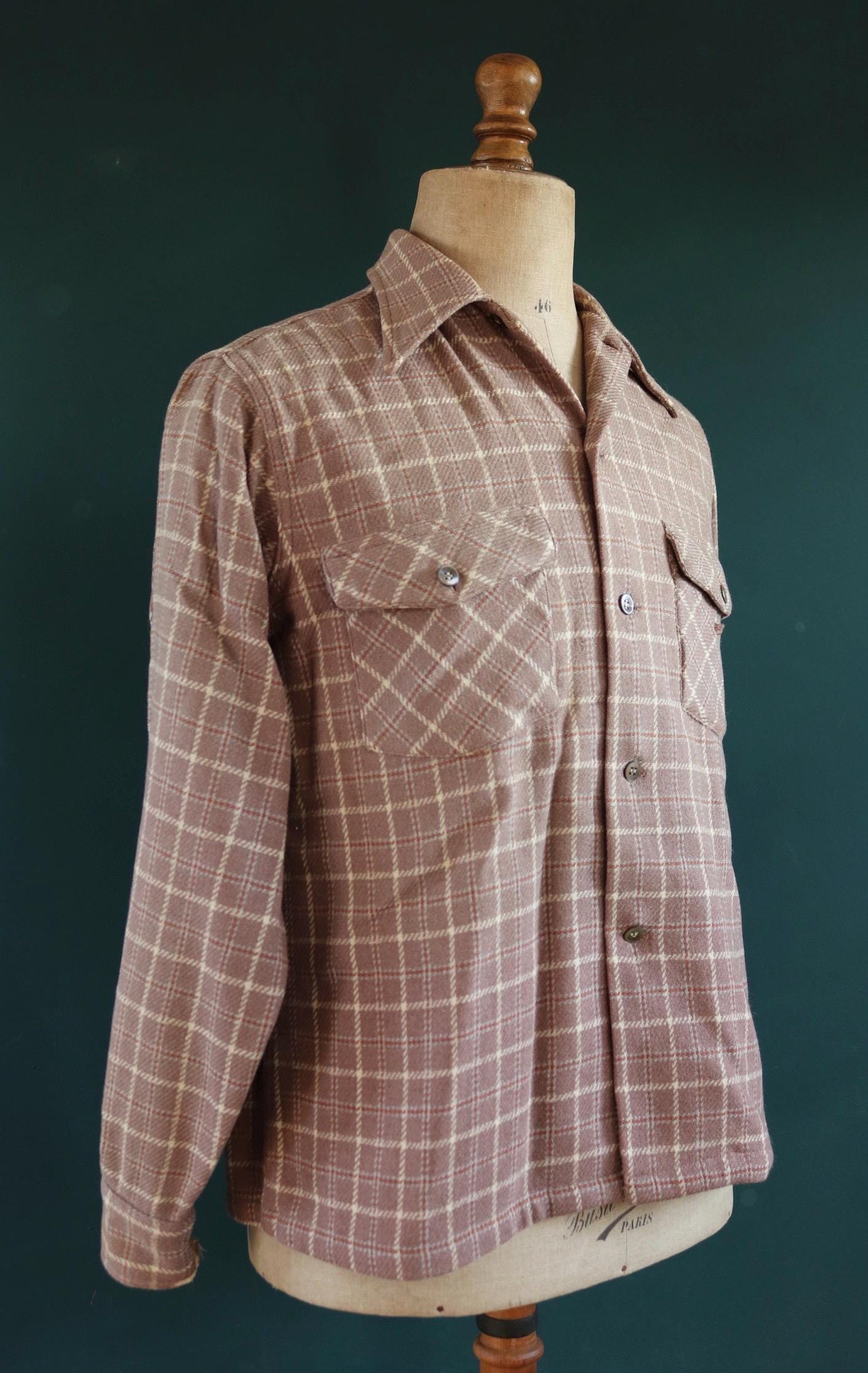 Vintage 1940s 40s Arrow brown lavender heather wool plaid checked shirt 46” chest swallowtail collar