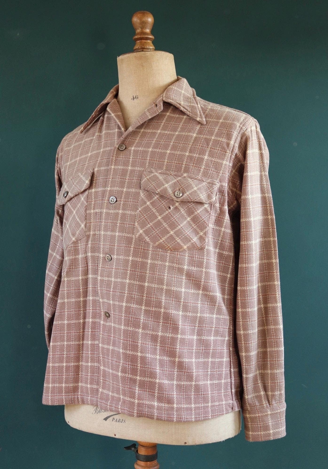 Vintage 1940s 40s Arrow brown lavender heather wool plaid checked shirt 46” chest swallowtail collar