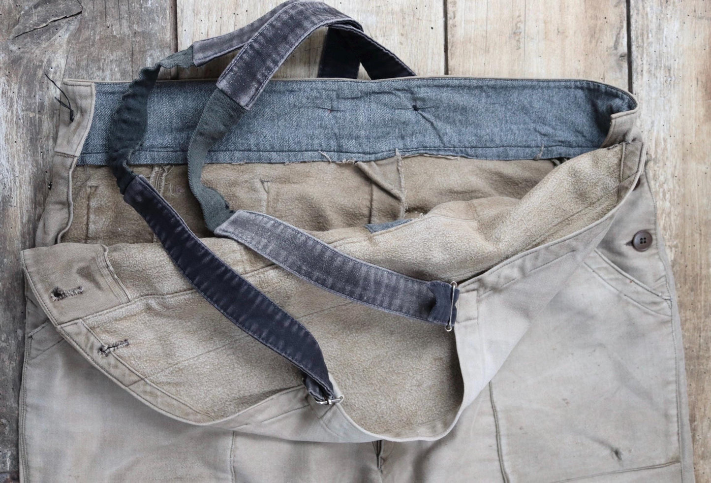 Vintage French workwear overalls dungarees 1950s moleskin brown work chore patched repaired darned 42” x 30”