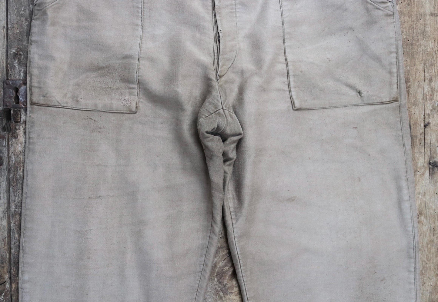 Vintage French workwear overalls dungarees 1950s moleskin brown work chore patched repaired darned 42” x 30”