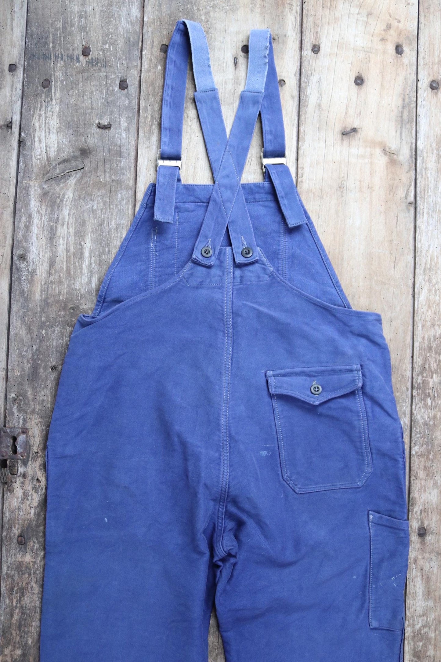 Vintage French workwear overalls dungarees moleskin 1960s work chore bib brace 37” x 28” bleu de travail repaired darned