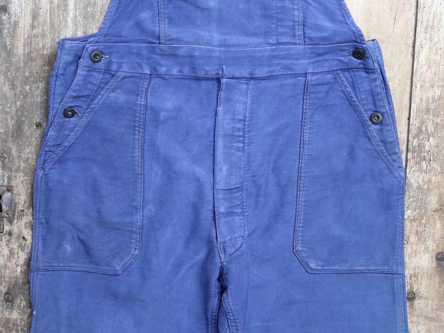 Vintage French workwear overalls dungarees moleskin 1960s work chore bib brace 37” x 28” bleu de travail repaired darned