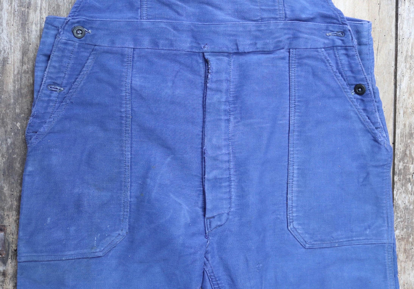 Vintage French workwear overalls dungarees moleskin work chore bib brace 37” x 28” bleu de travail repaired darned 1960s