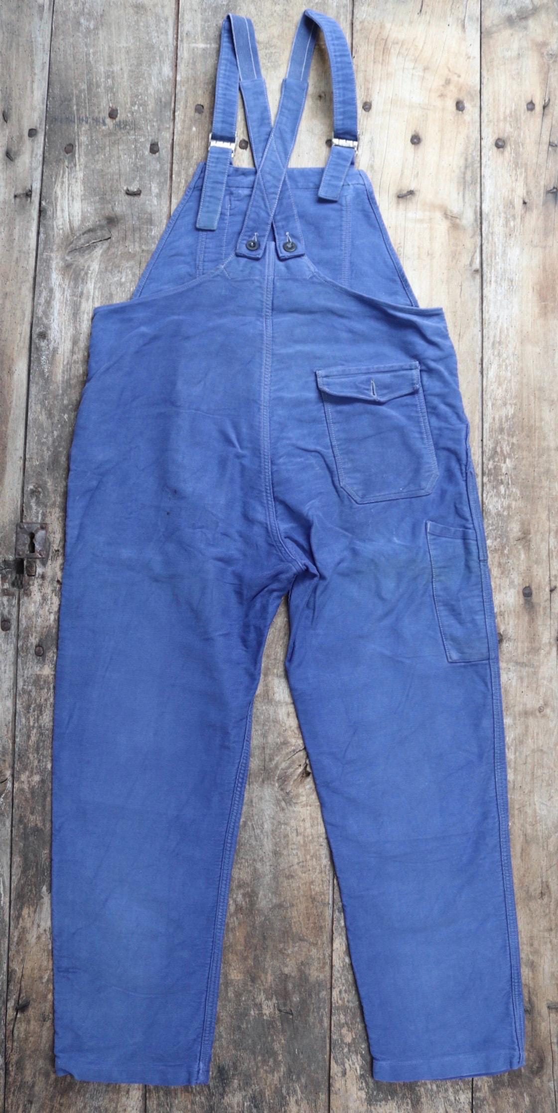 Vintage French workwear overalls - 1960s blue moleskin dungarees - bib and brace - 37” x 28” - bleu de travail - repaired darned