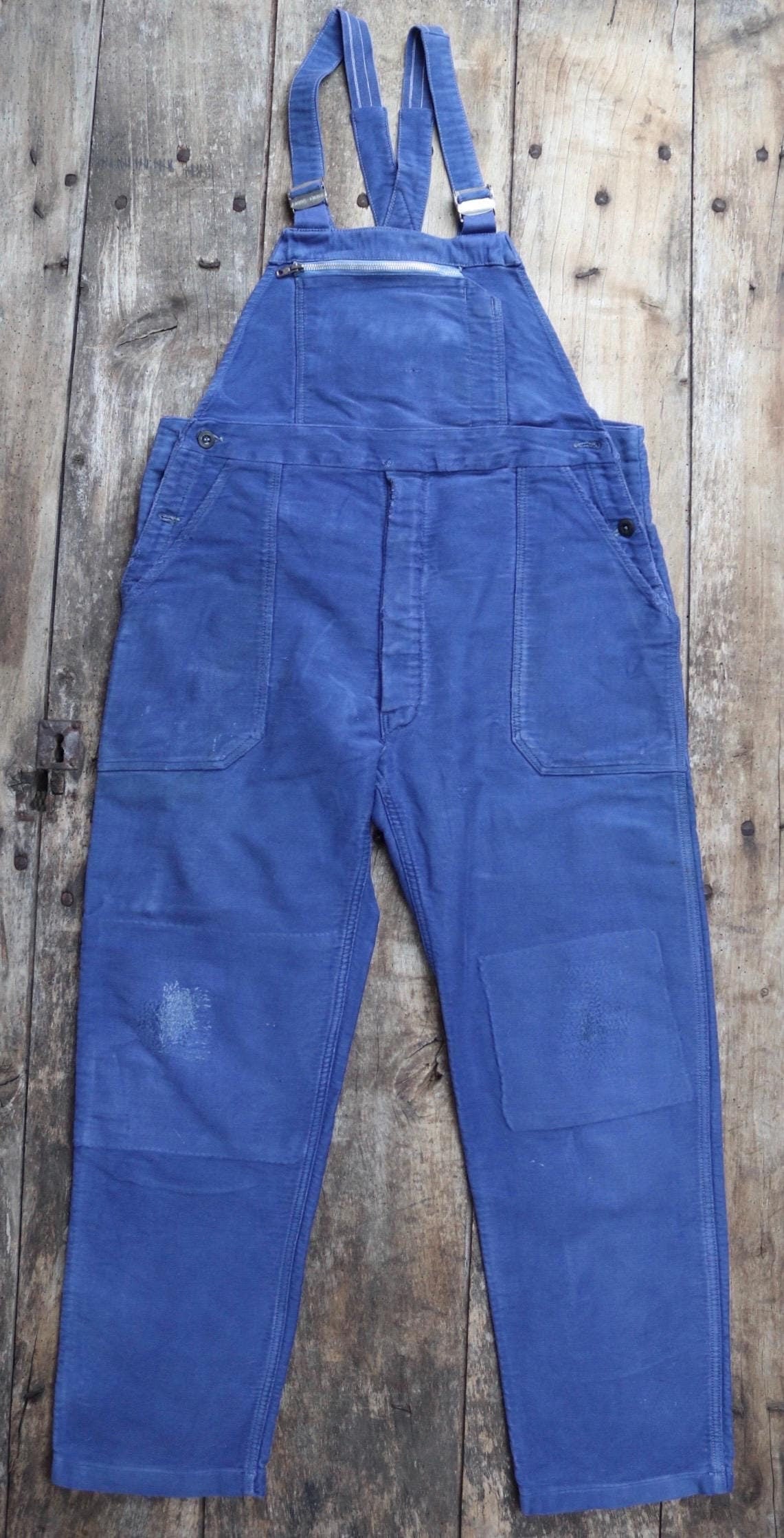 Vintage French workwear overalls dungarees moleskin work chore bib brace 37” x 28” bleu de travail repaired darned 1960s