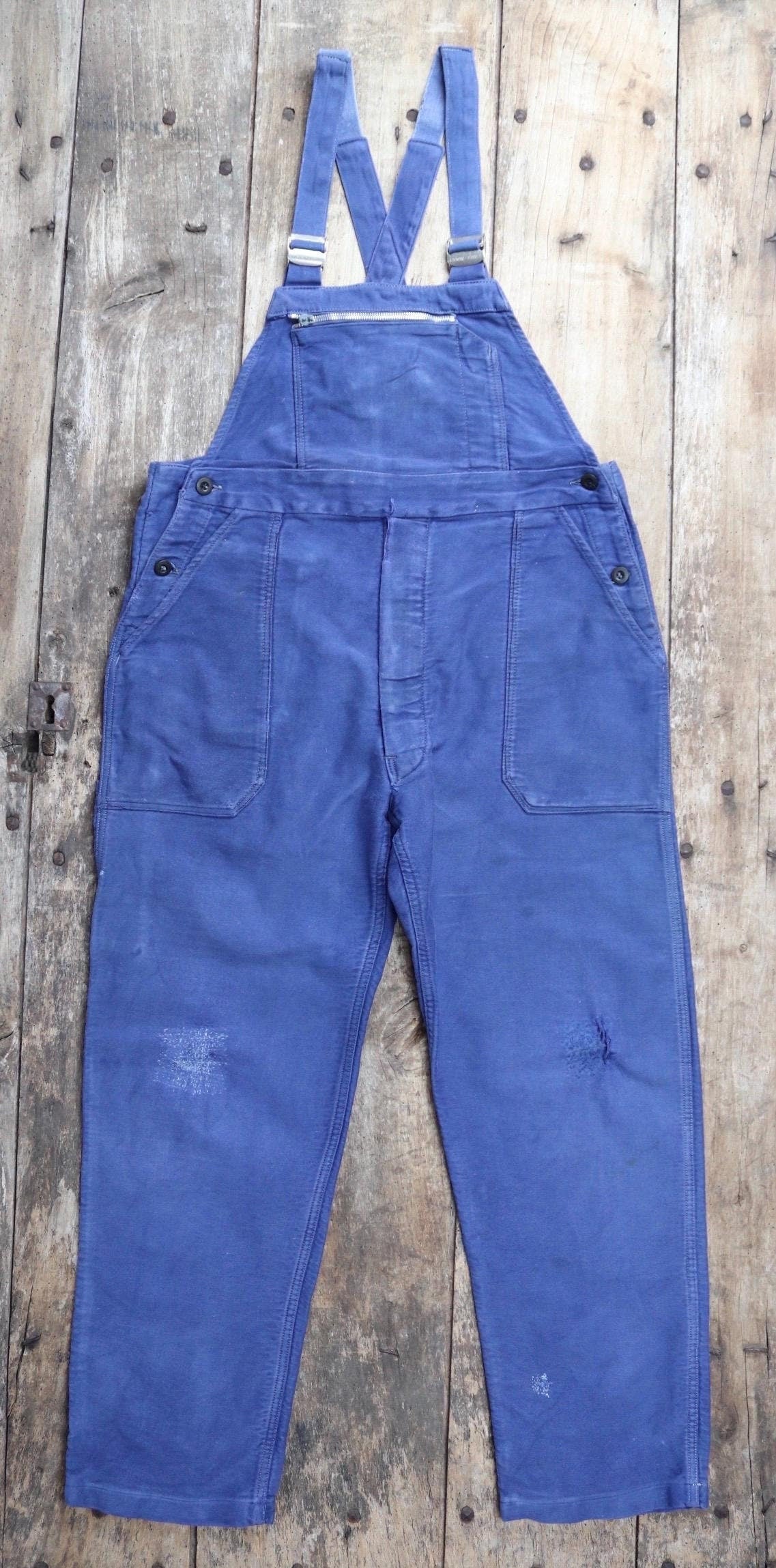 Vintage French workwear overalls dungarees moleskin 1960s work chore bib brace 37” x 28” bleu de travail repaired darned
