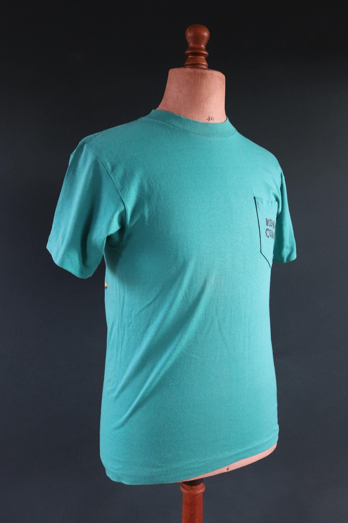 Vintage 1980s 80s 1990s 90s teal green Kona Coast surf palm tree print sports sportswear pocket t shirt 38” chest