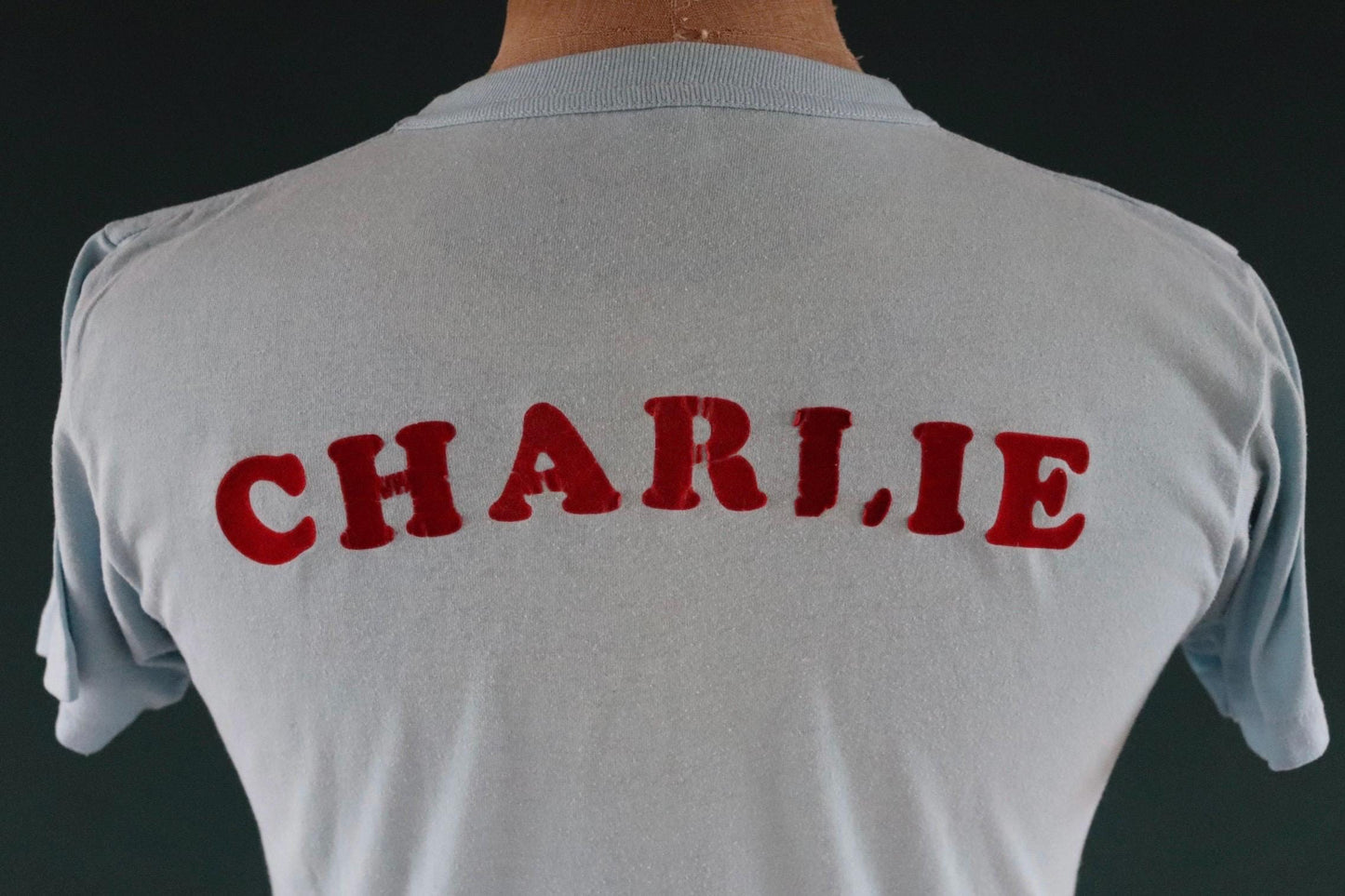 Vintage 1970s 70s 1980s 80s sky blue poly cotton 50th birthday souvenir Charlie over the hill sports sportswear t shirt 38” chest