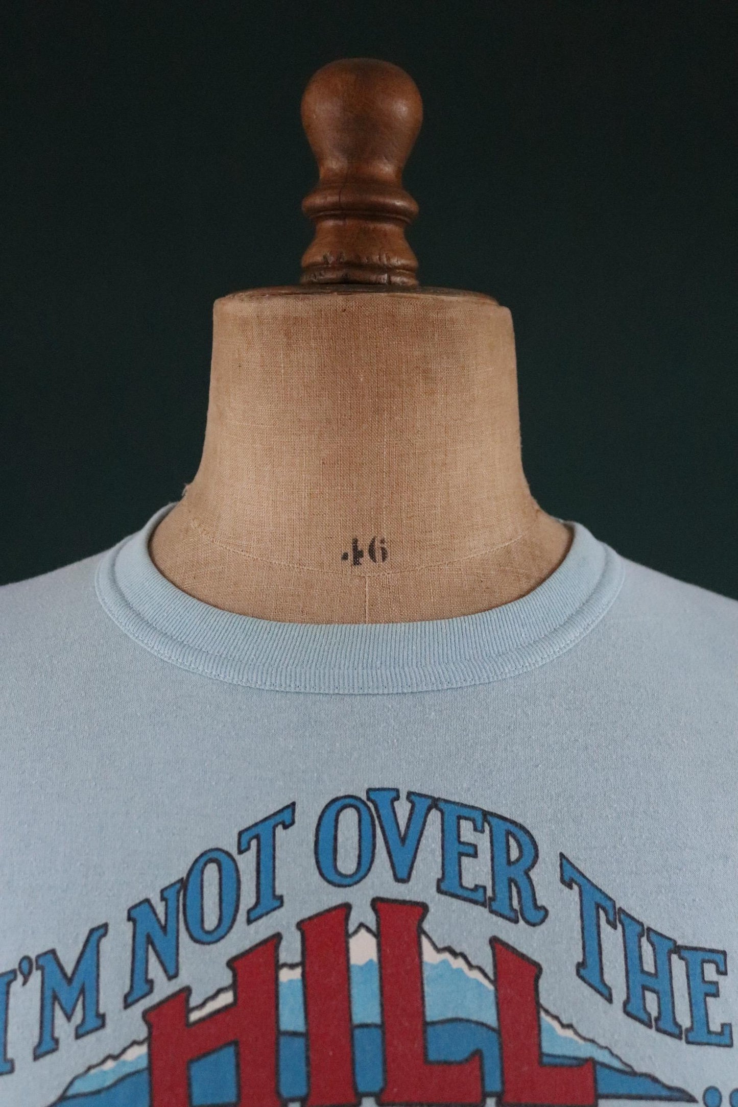 Vintage 1970s 70s 1980s 80s sky blue poly cotton 50th birthday souvenir Charlie over the hill sports sportswear t shirt 38” chest