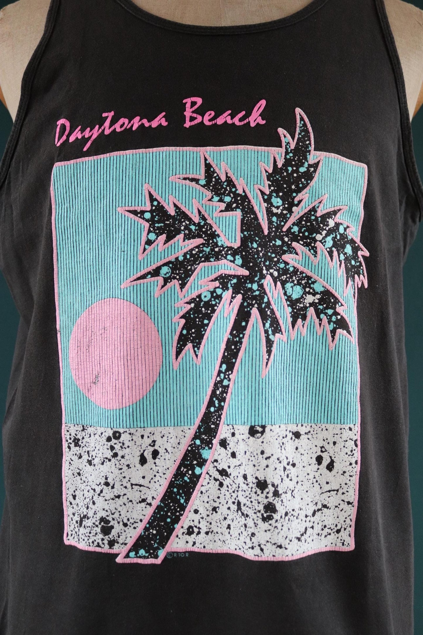 Vintage 1990s 90s Fruit of the Loom faded black neon Daytona Beach tourist souvenir vest singlet t shirt 43” chest