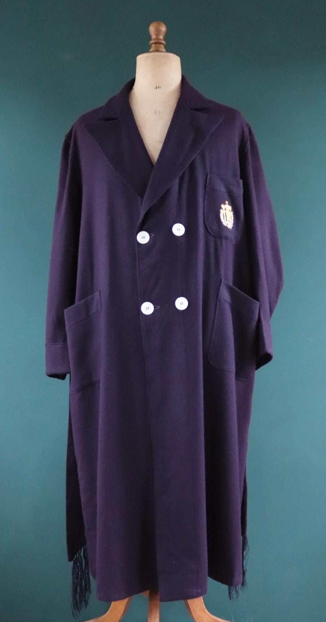 Vintage 1950s 50s 1960s 60s USN US naval navy blue academy wool blend dressing gown robe tassel belted smoking jacket 52” chest