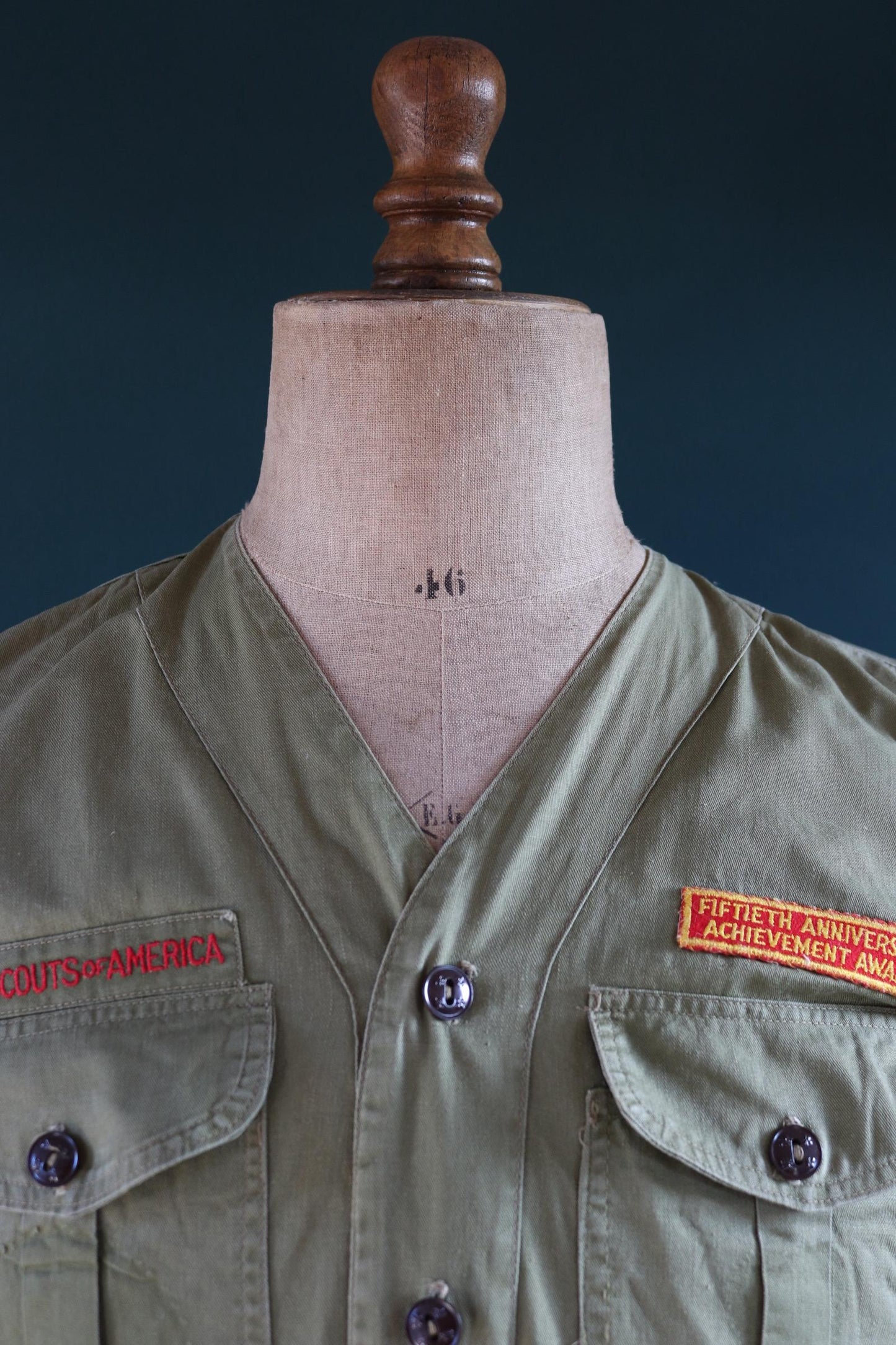 Vintage 1950s 1960s BSA shirt khaki green cotton Boy Scouts of America summer camp camping 40" chest patches