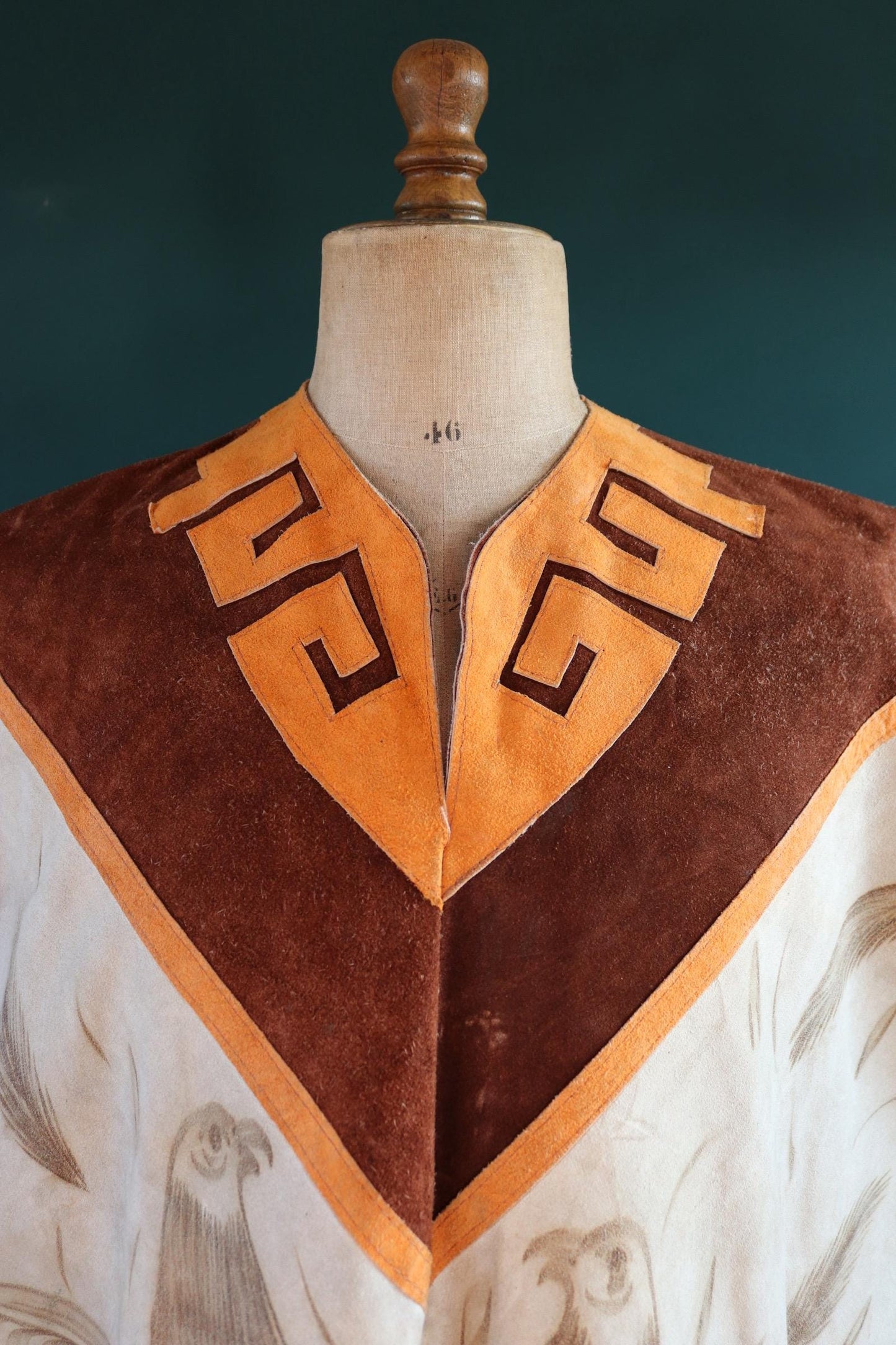 Vintage 1960s 1970s suede poncho orange brown tasseled cow hide vest waistcoat South Western souvenir biker tabard gilet decorated
