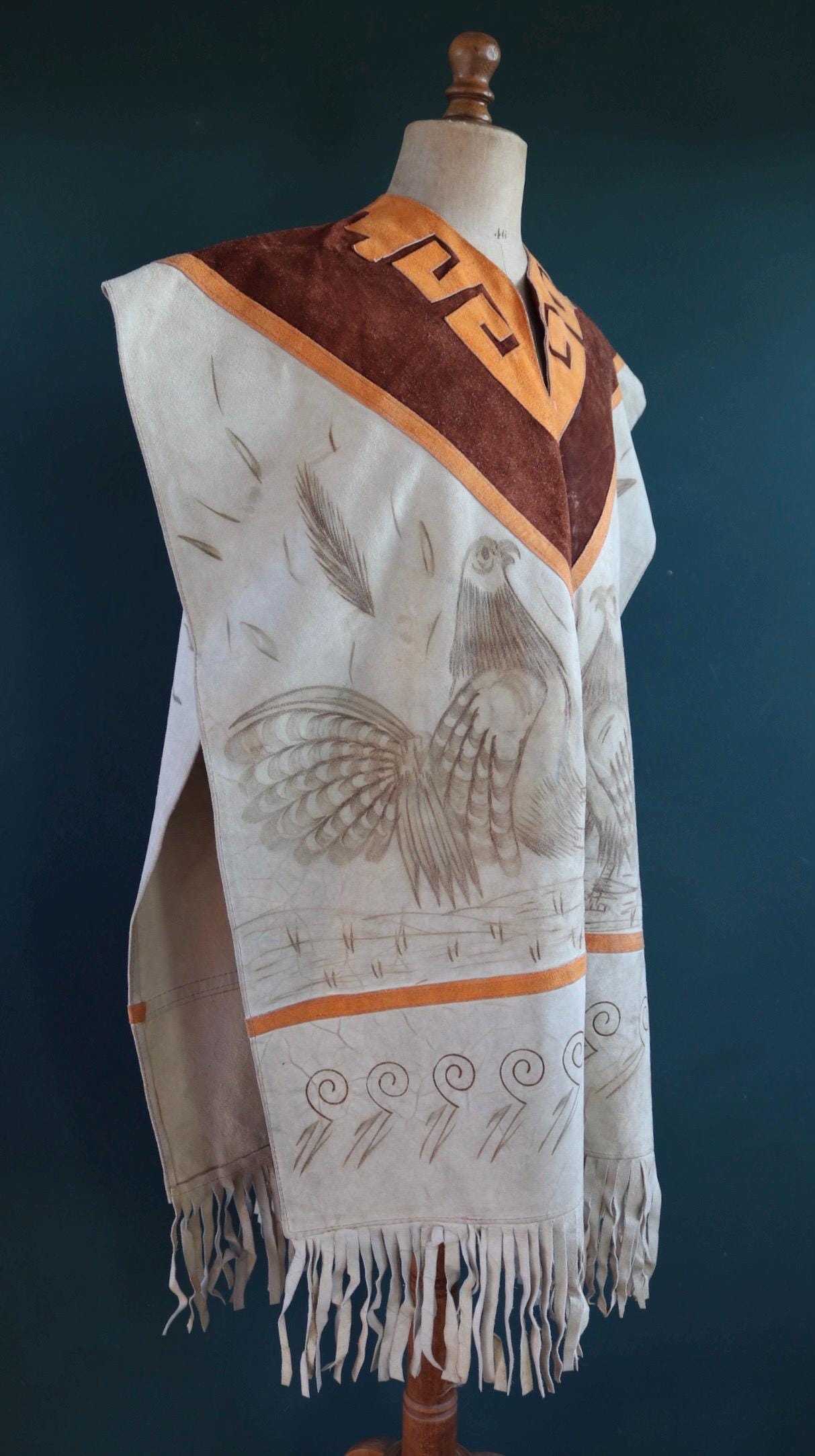Vintage 1960s 1970s suede poncho orange brown tasseled cow hide vest waistcoat South Western souvenir biker tabard gilet decorated