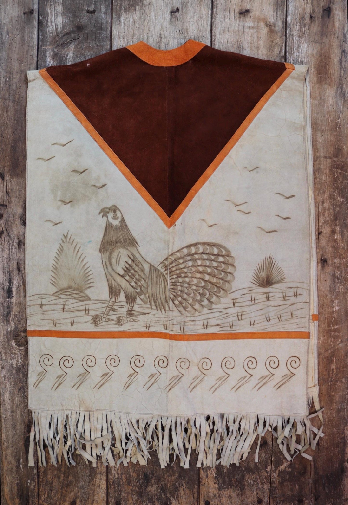 Vintage 1960s 1970s suede poncho orange brown tasseled cow hide vest waistcoat South Western souvenir biker tabard gilet decorated